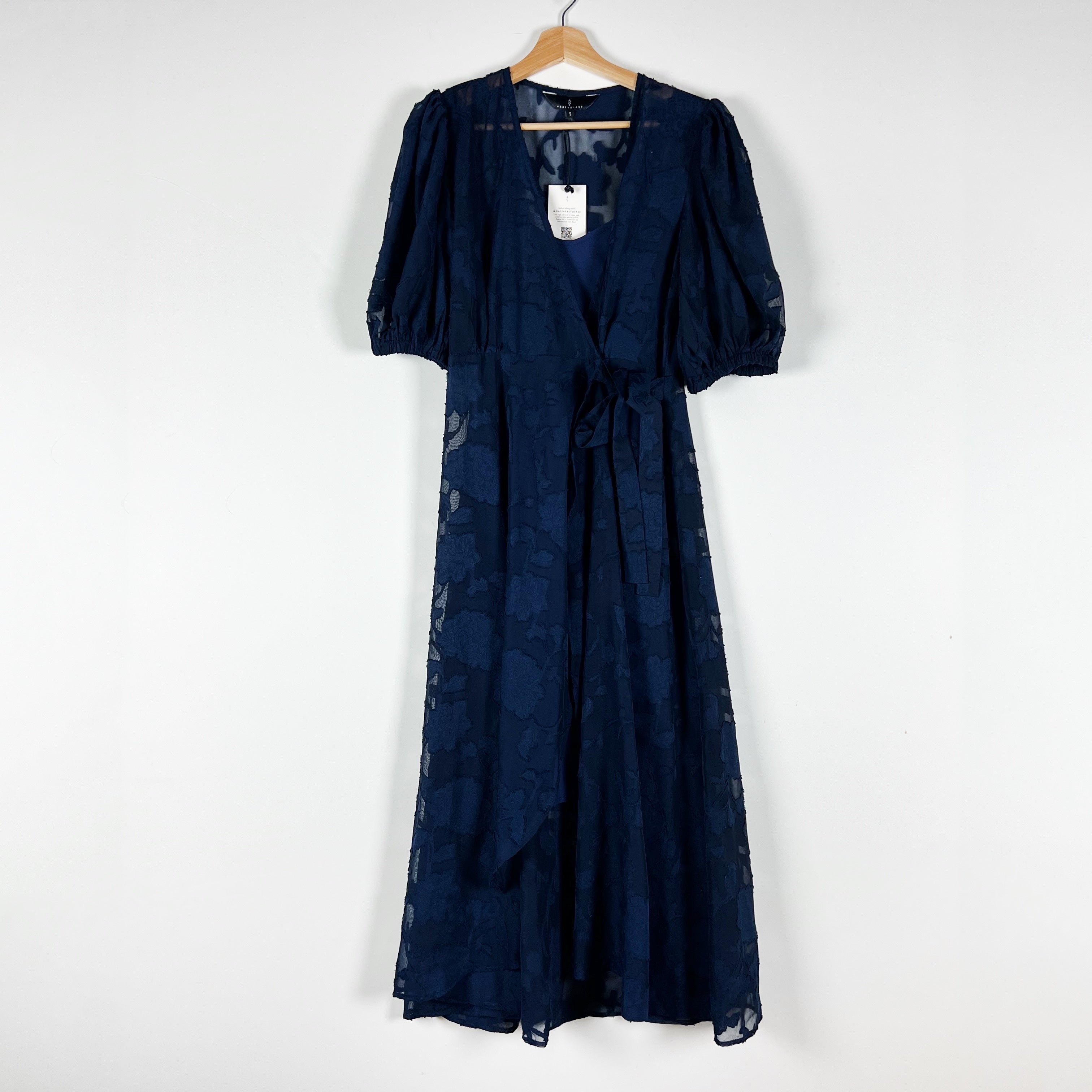 NEW Abbey Glass Diane Floral Flower Burn Out Wrap Midi Dress Navy Blue Chiffon S