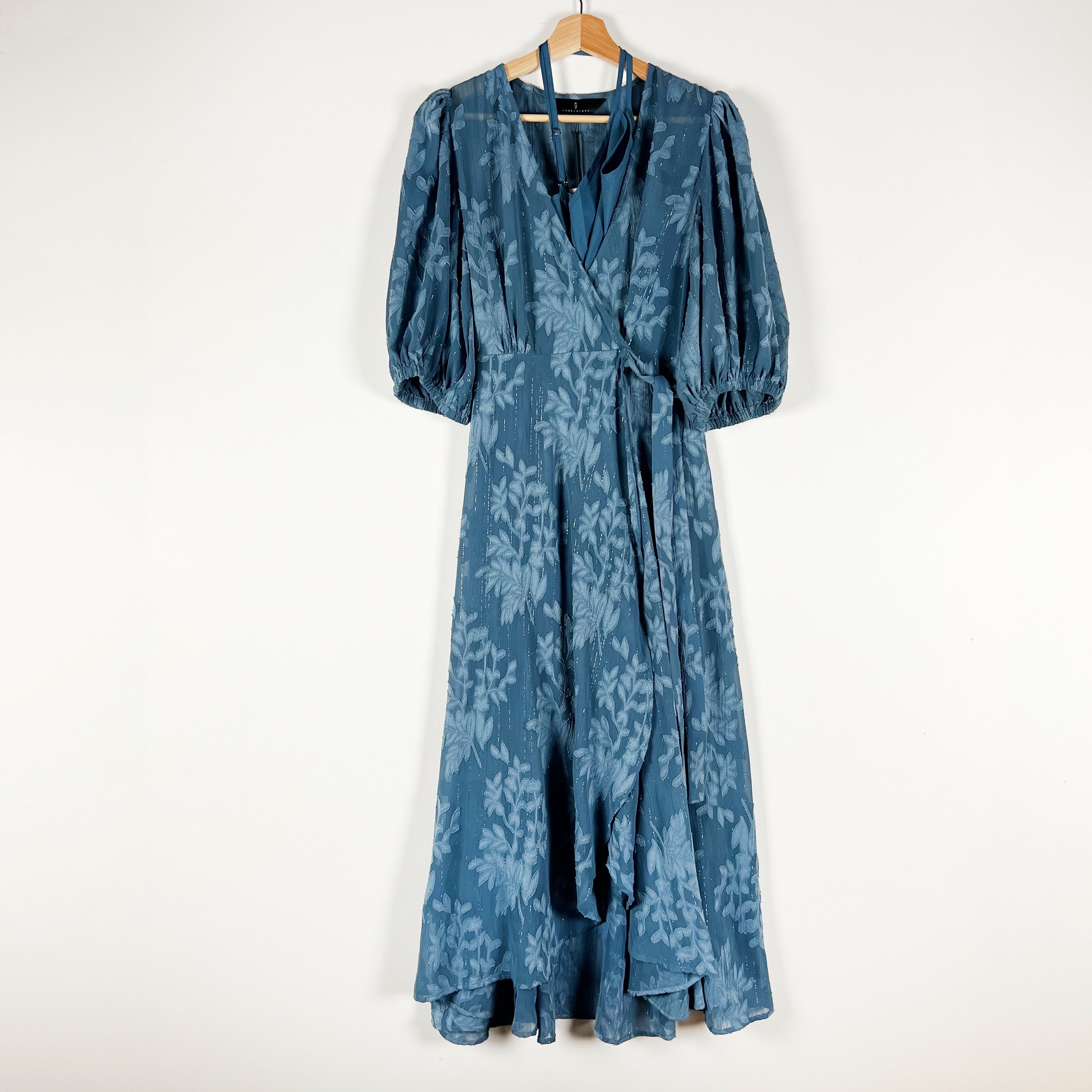 NEW Abbey Glass Diane Puff Hall Sleeve Chiffon Wrap Midi Dress Steel Blue Small