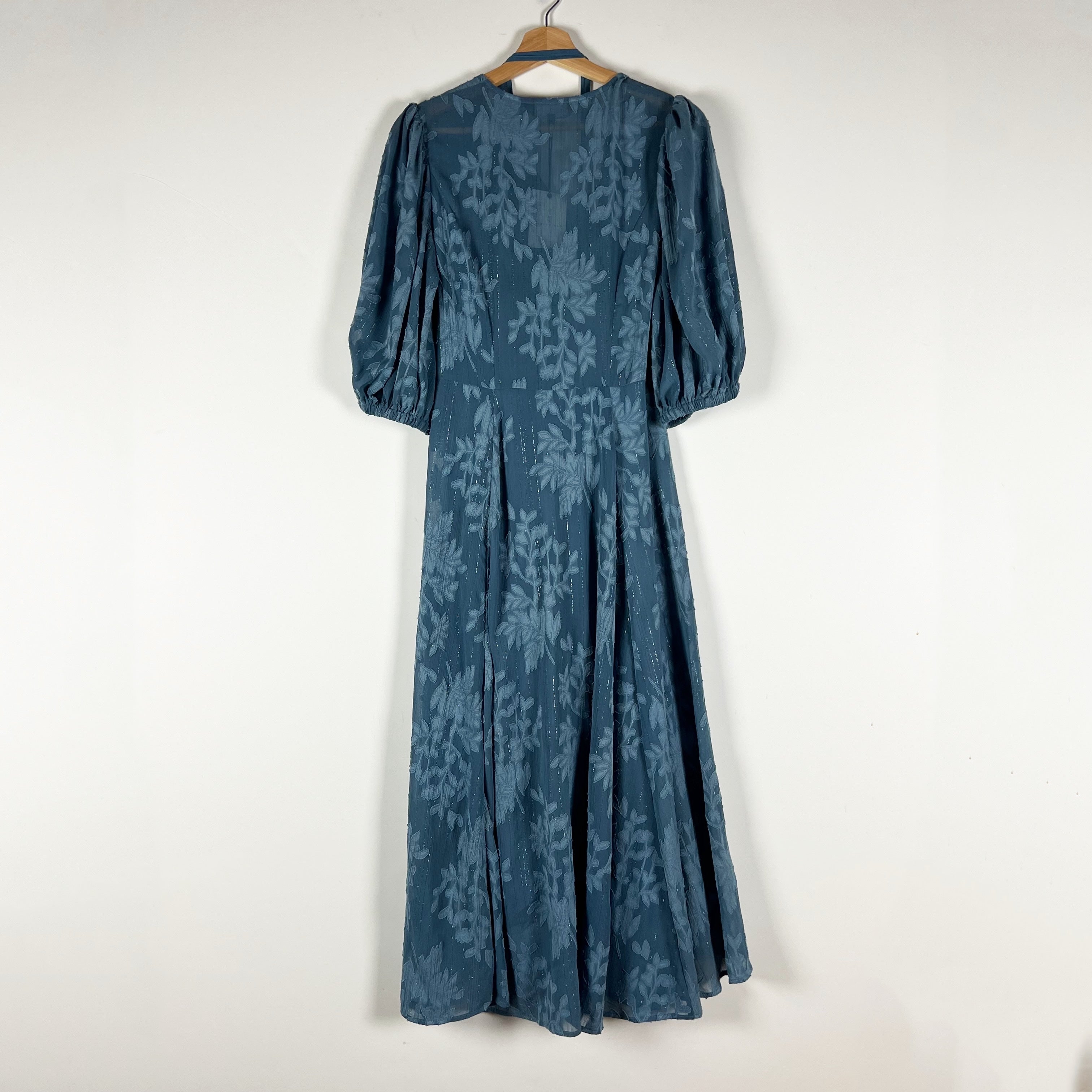 NEW Abbey Glass Diane Puff Hall Sleeve Chiffon Wrap Midi Dress Steel Blue Small