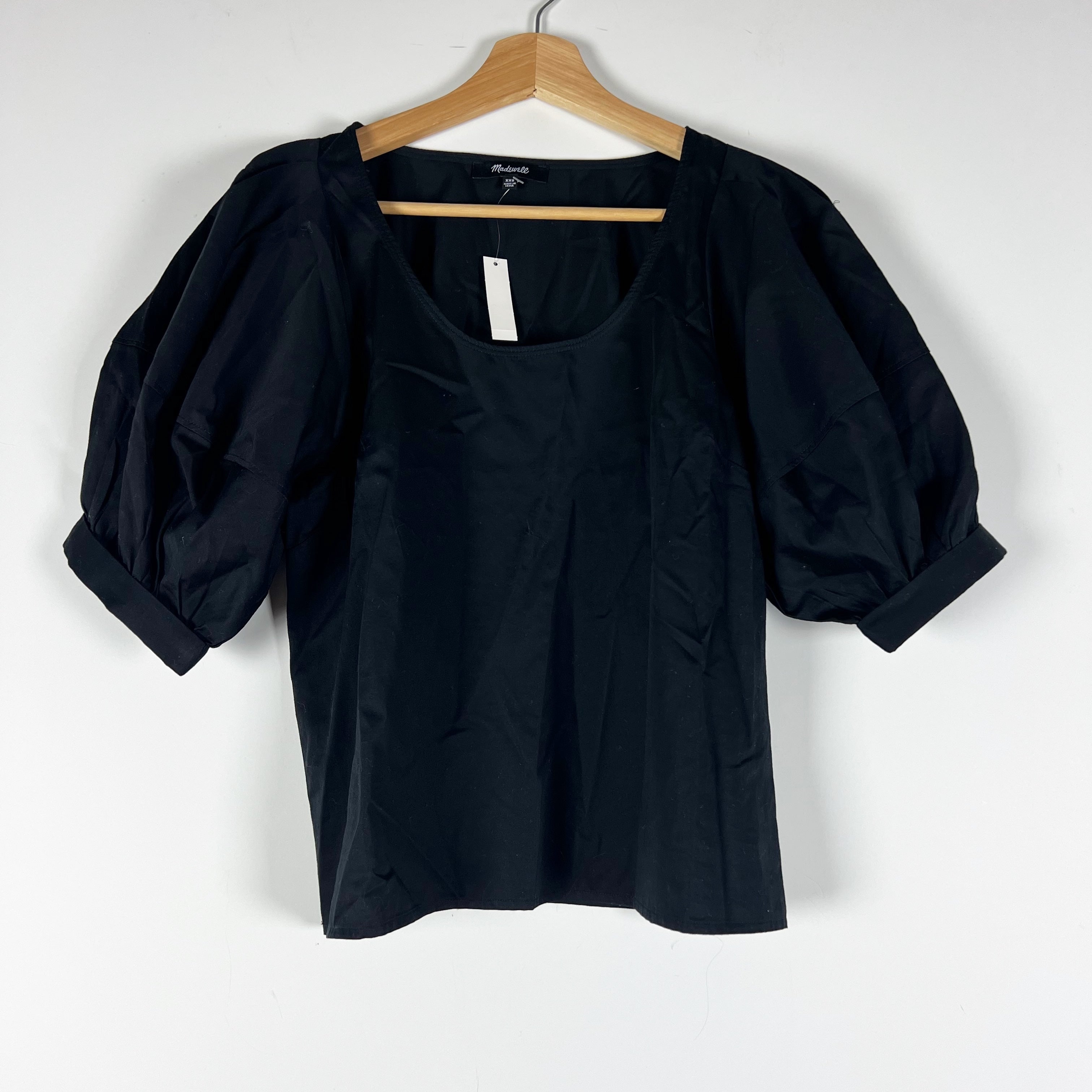 NEW Madewell Relaxed Scoopneck Puff Short Sleeve Top Cotton Blouse Top Black XXS