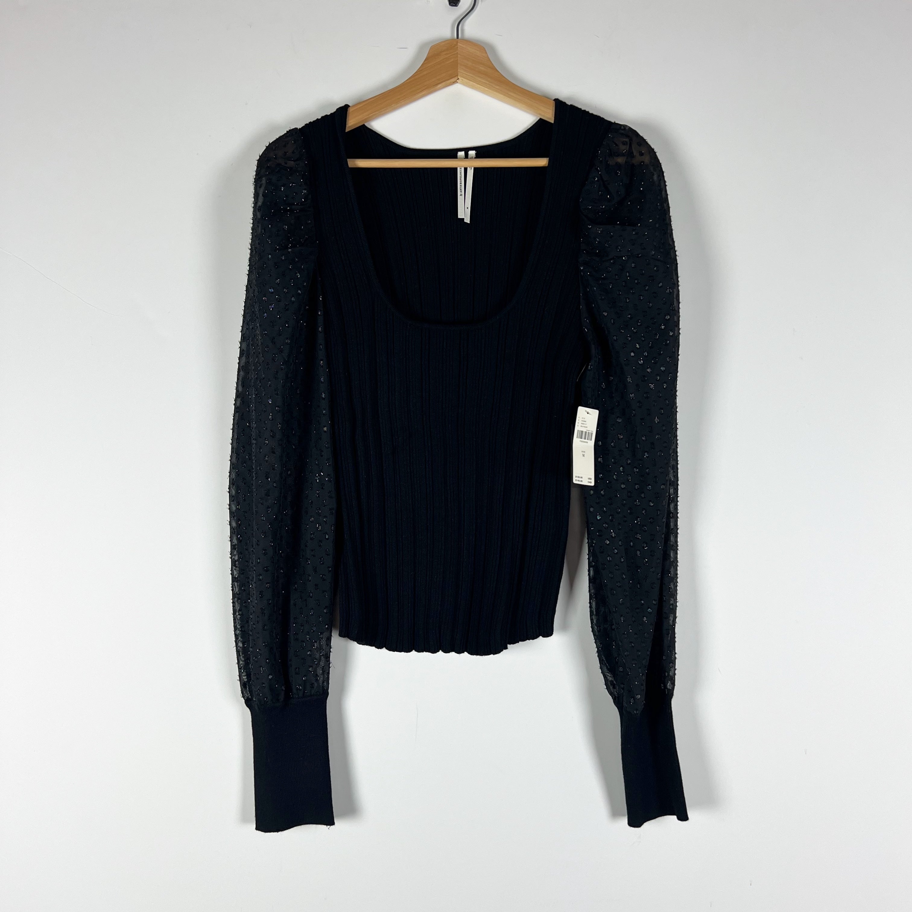NEW Anthropologie Ribbed Knit Stretch Sheer Metallic Swiss Dot Sweater Top M