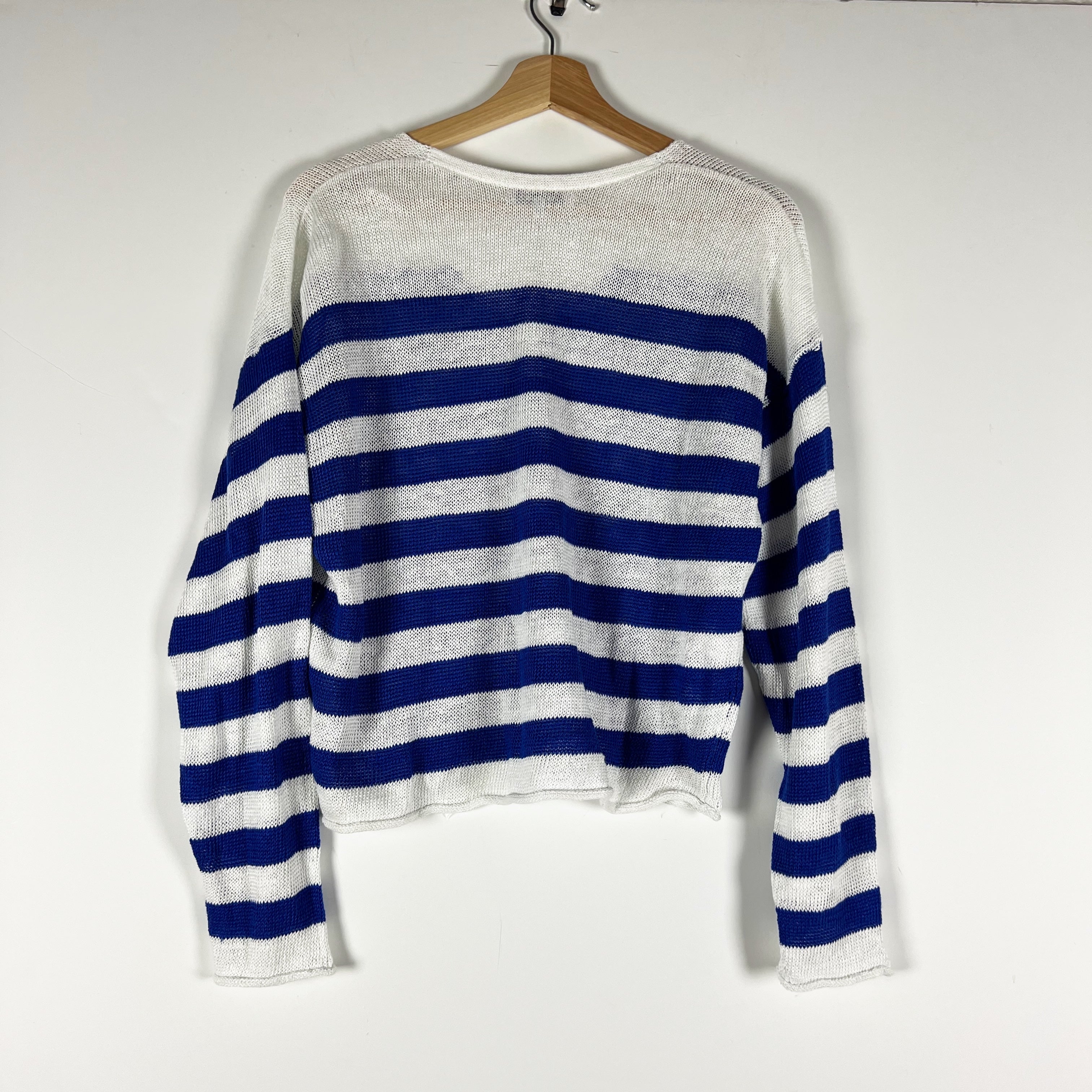 NEW Madewell Linen Knit Stretch V-Neck Pullover Sweater Sapphire Stripe White XS