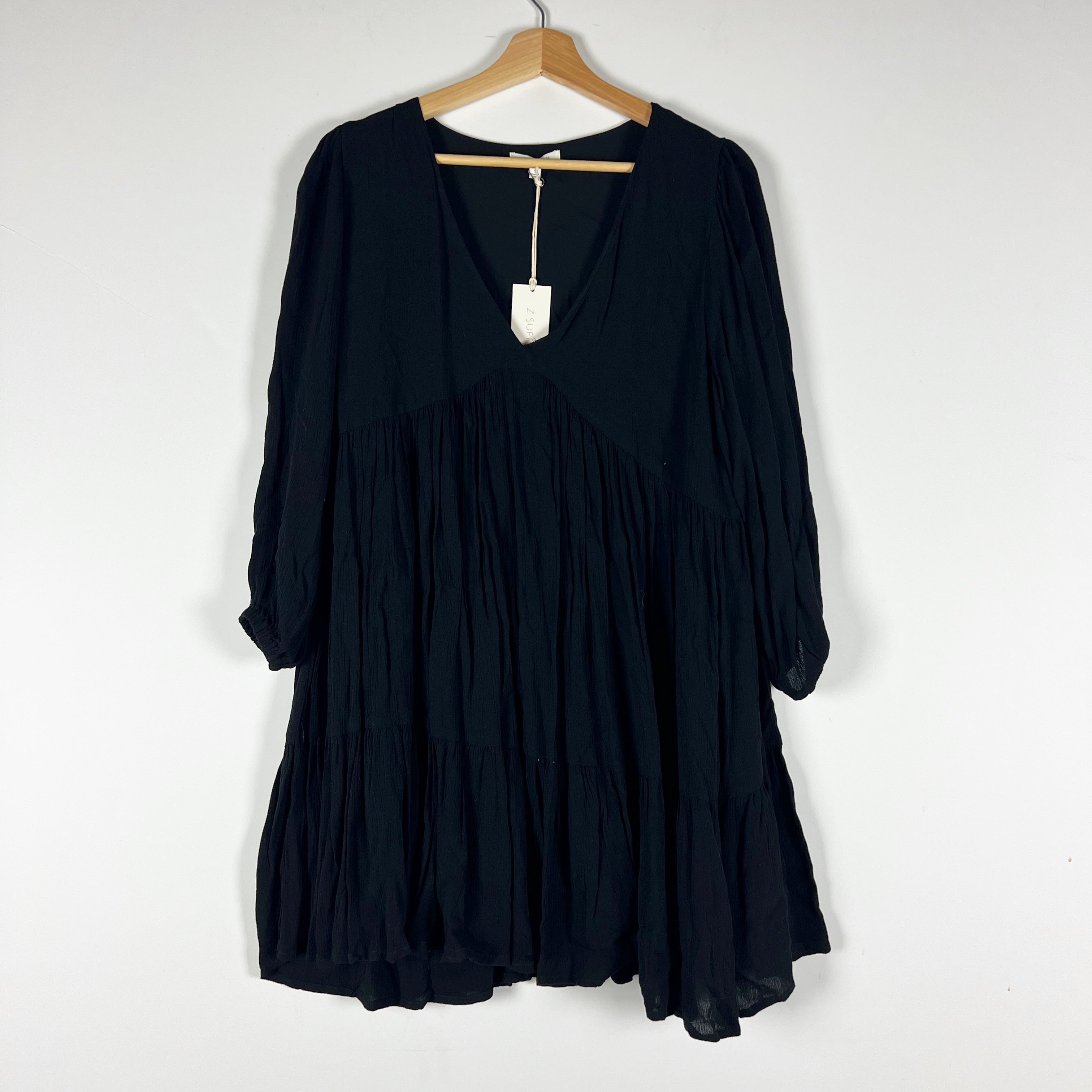 NEW Z Supply V Neck Quarter Sleeve Tiered Pullover Mini Dress Black Small