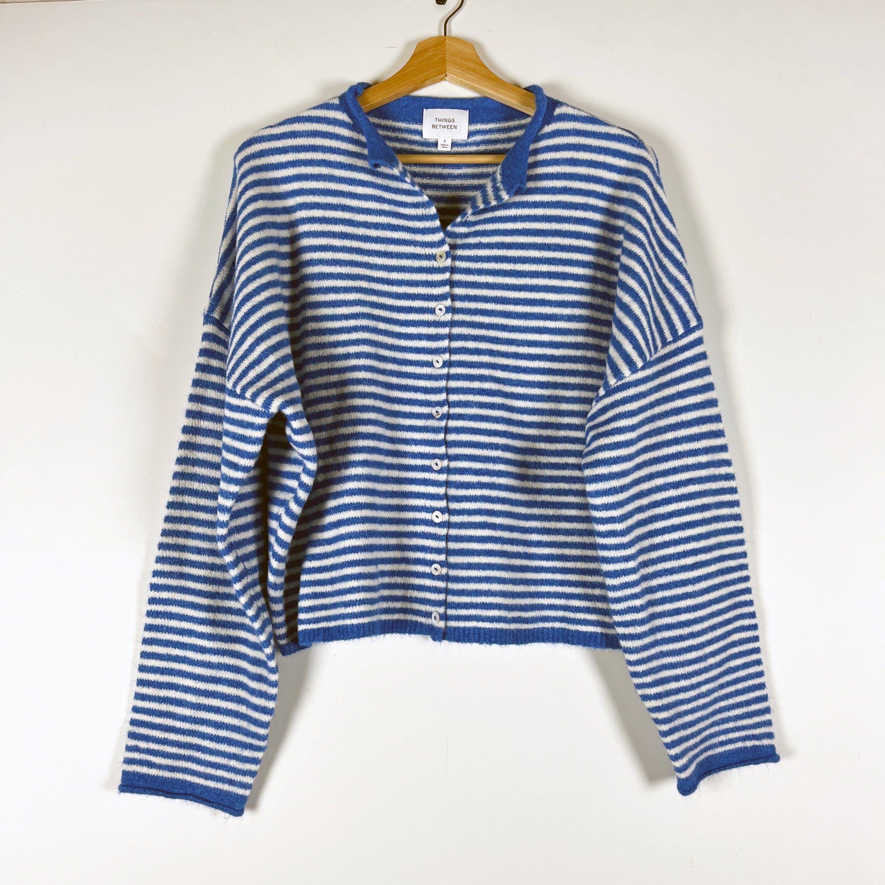 Things Between Piper Mini Blue White Stripe Button Front Cardigan Sweater Small