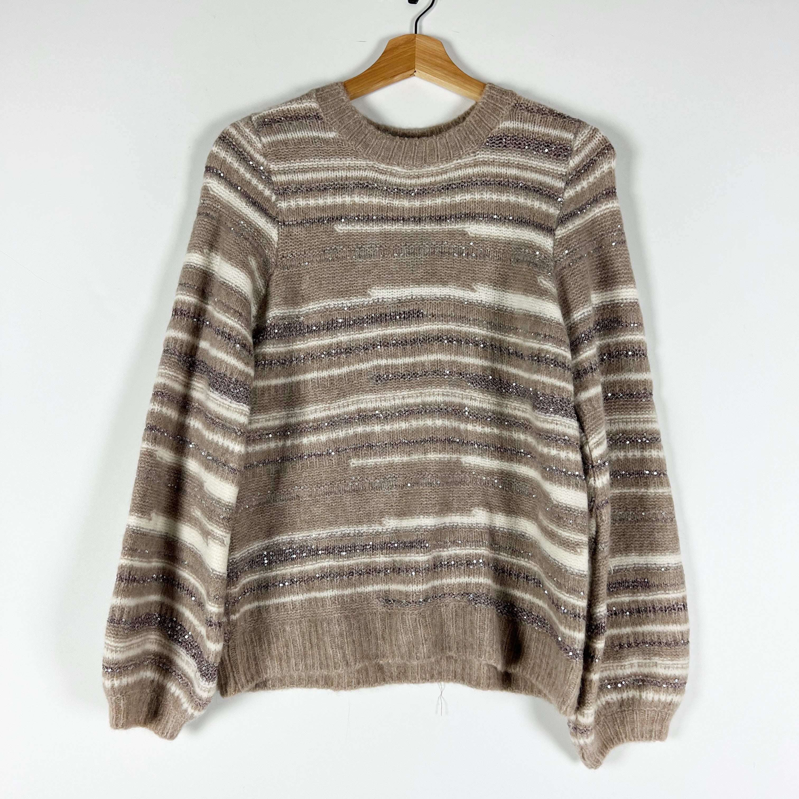 Sezane Hanane Wool Alpaca Blend Stretch Knit Sequin Embellished Sweater Neutral