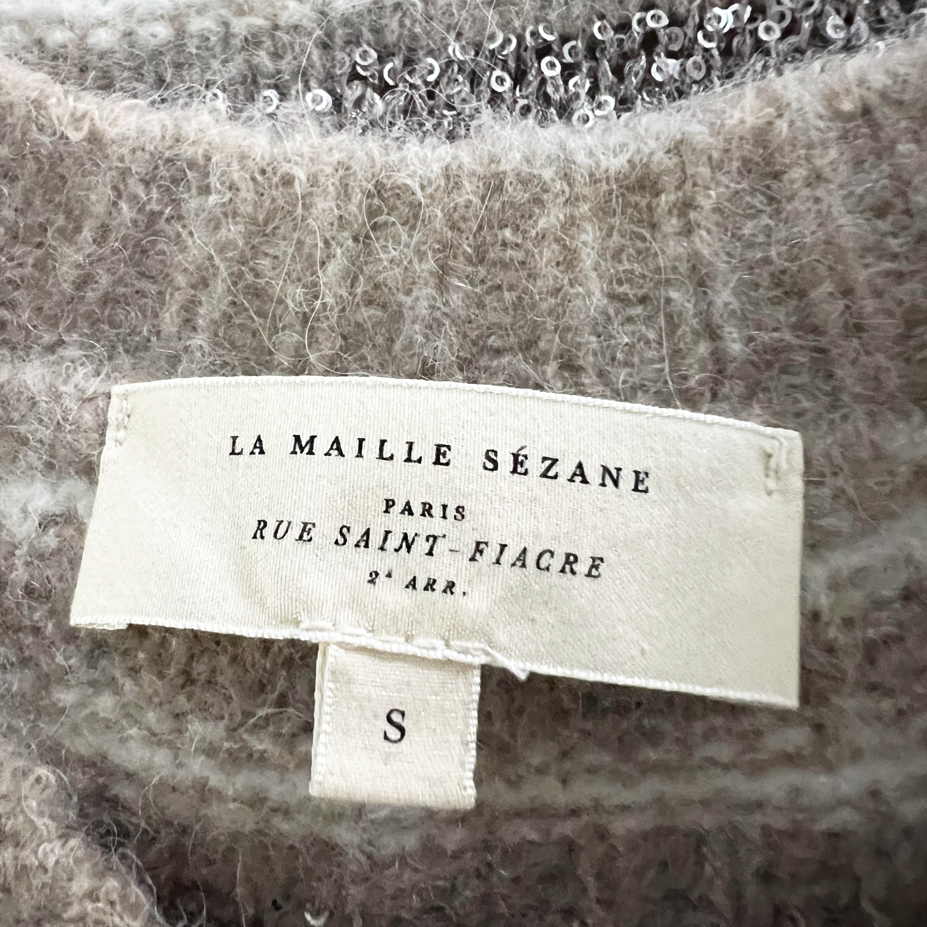 Sezane Hanane Wool Alpaca Blend Stretch Knit Sequin Embellished Sweater Neutral