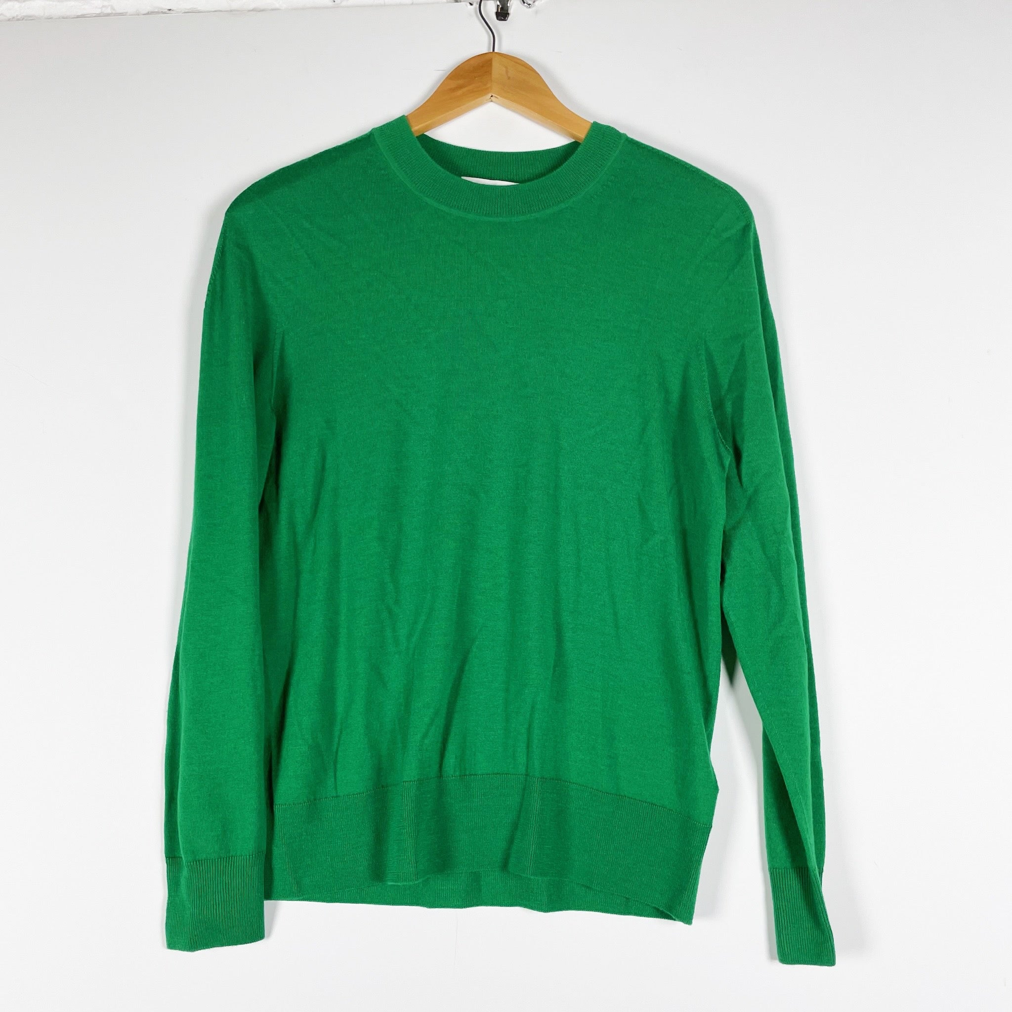 COS Women's Wool Knit Stretch Crew Neck Long Sleeve Pullover Sweater Kelly Green