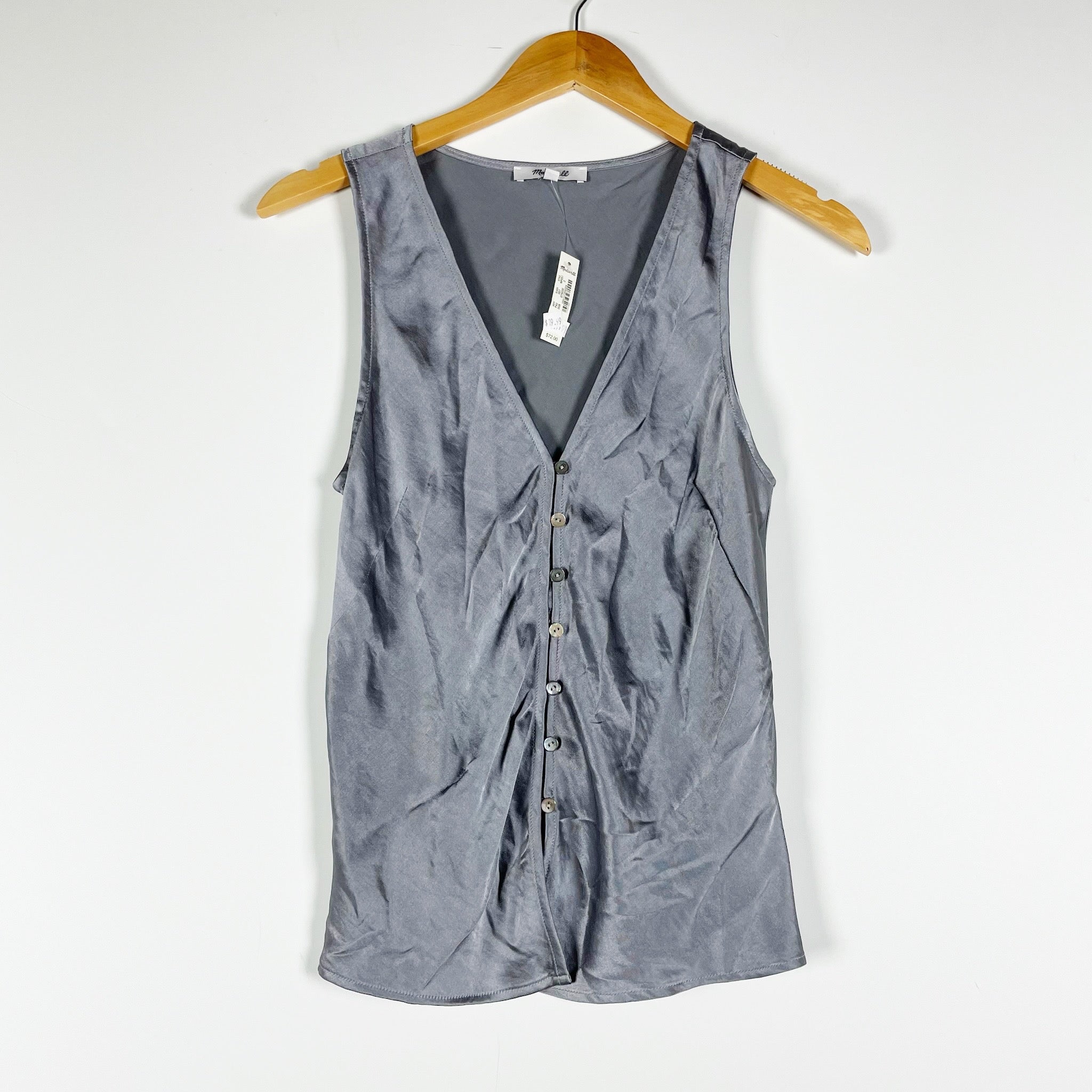 NEW Madewell Women's Satin Cutaway Button Front Sleeveless Vest Top Dusk Grey 2