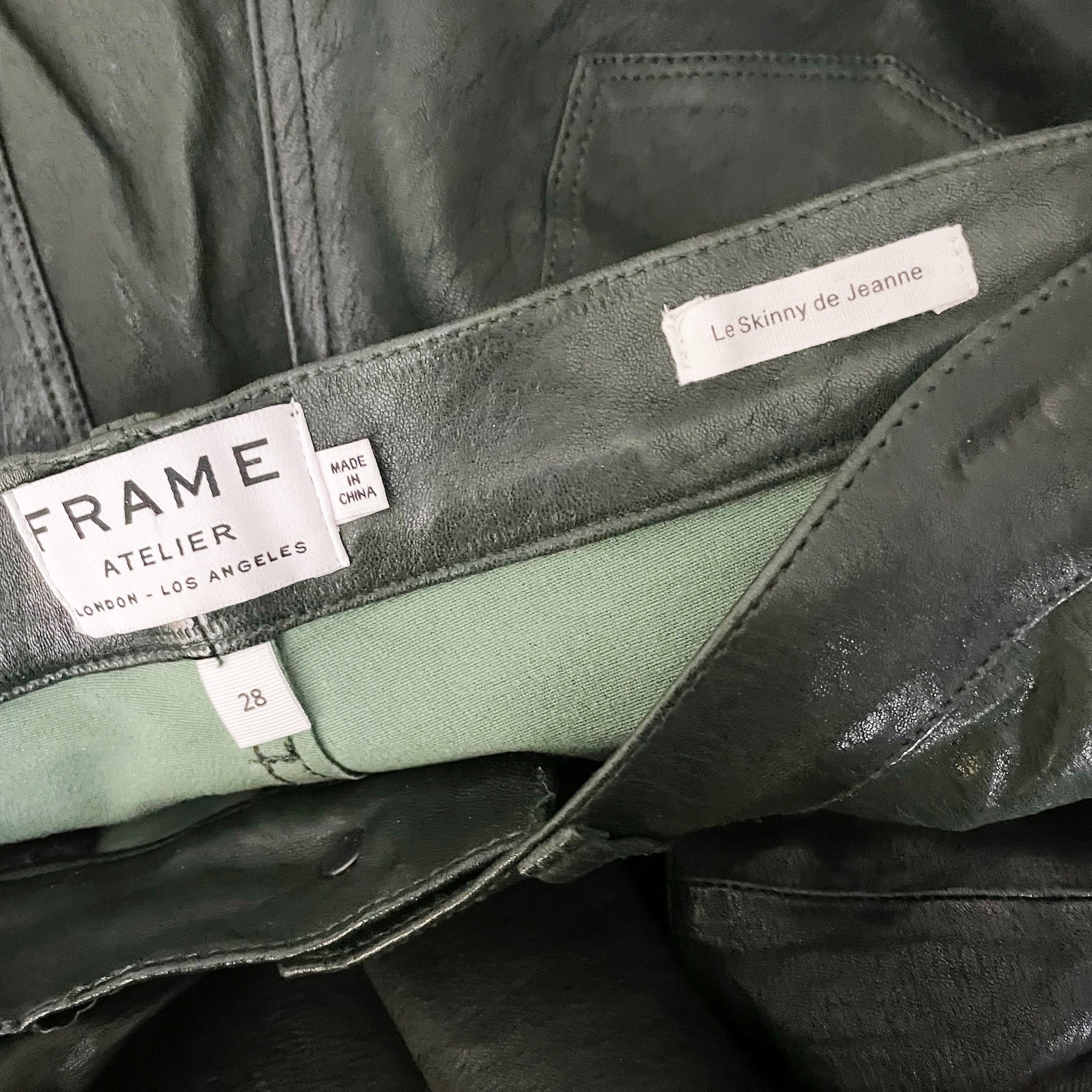 Frame Atelier Le Skinny De Jeanne Genuine Leather Mid Rise Jeans Green 28