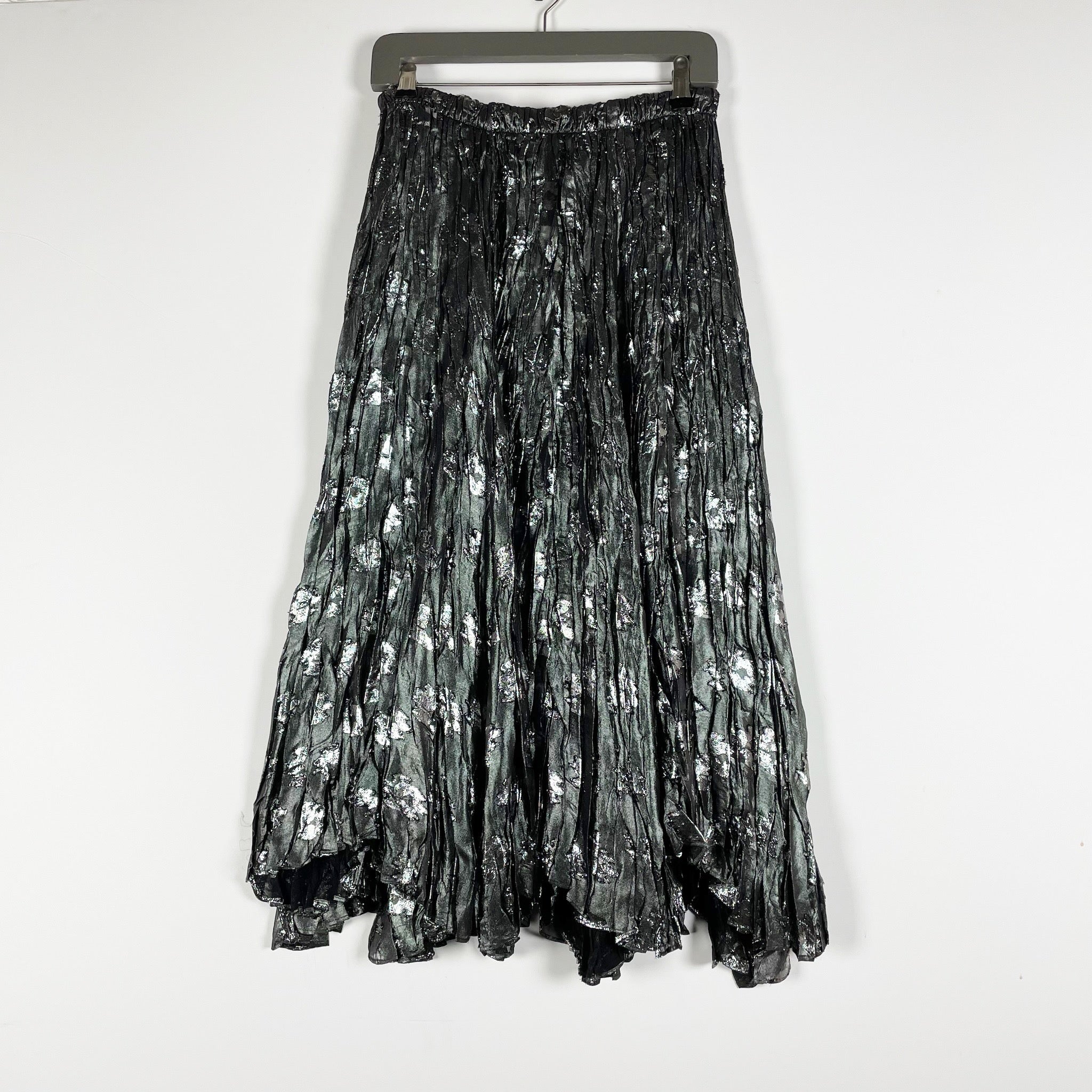NEW Zara Black Gray Silver Metallic Burnout Pleated Pull On Maxi Skirt Small