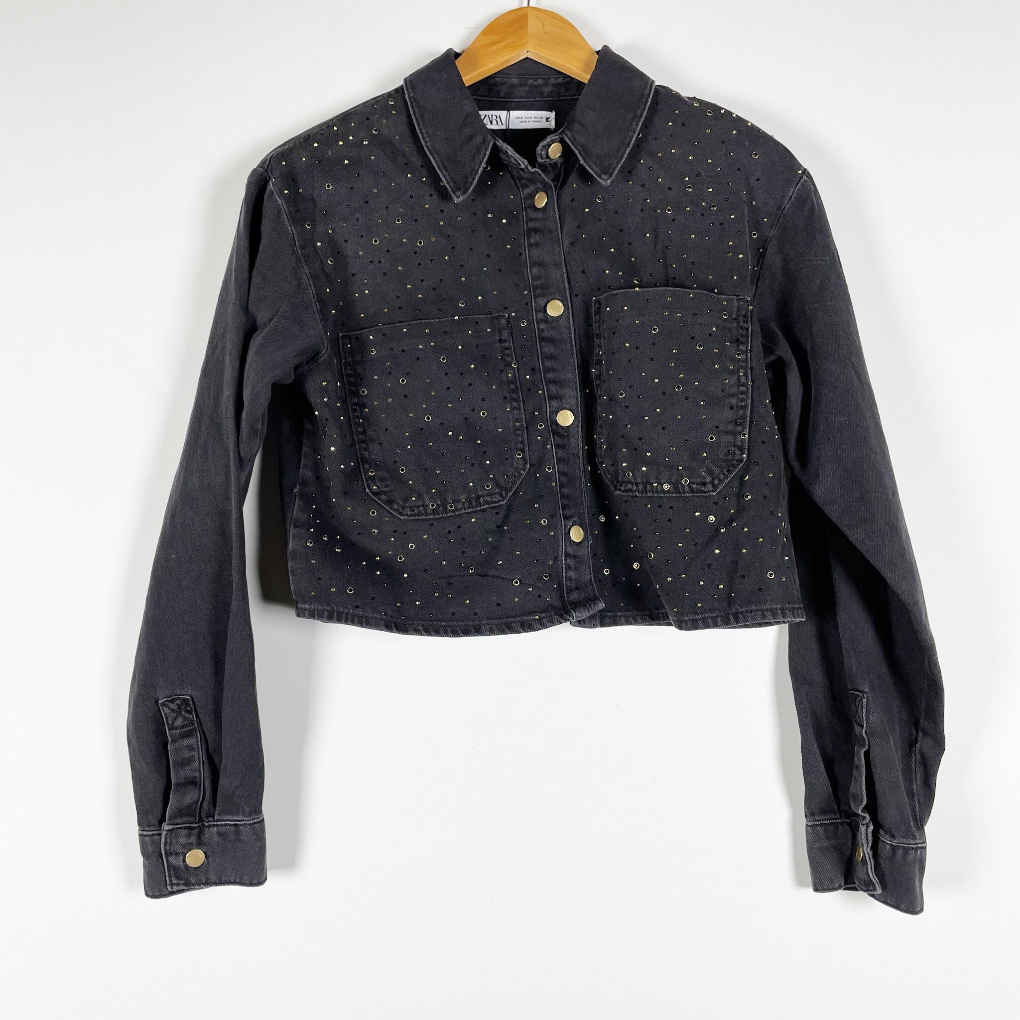 NEW Zara Cotton Studded Embellished Button Front Denim Jean Jacket Gray Small