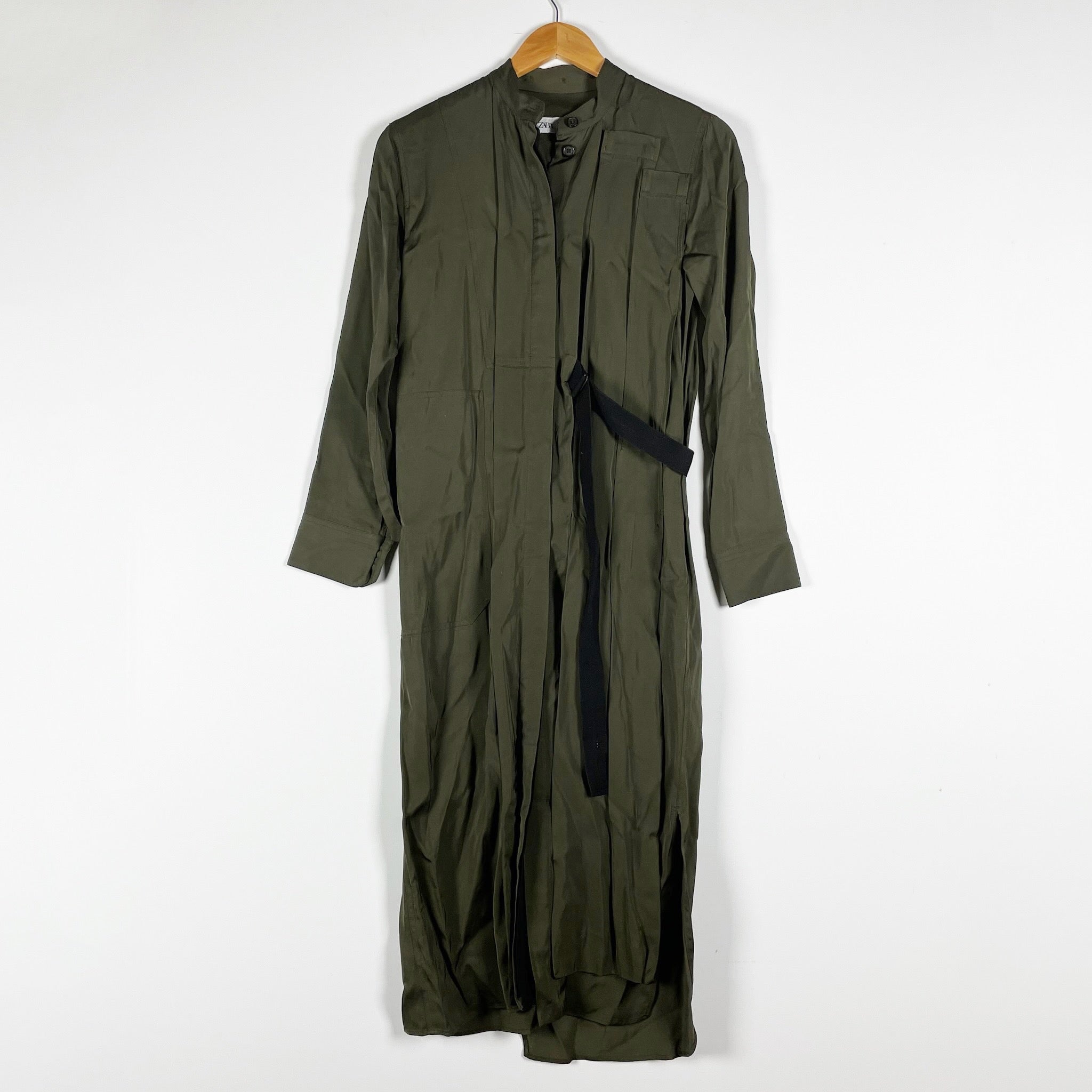 NEW Zara ZW Collection Satin Long Sleeve Pullover Shirt Dress Green Black XS