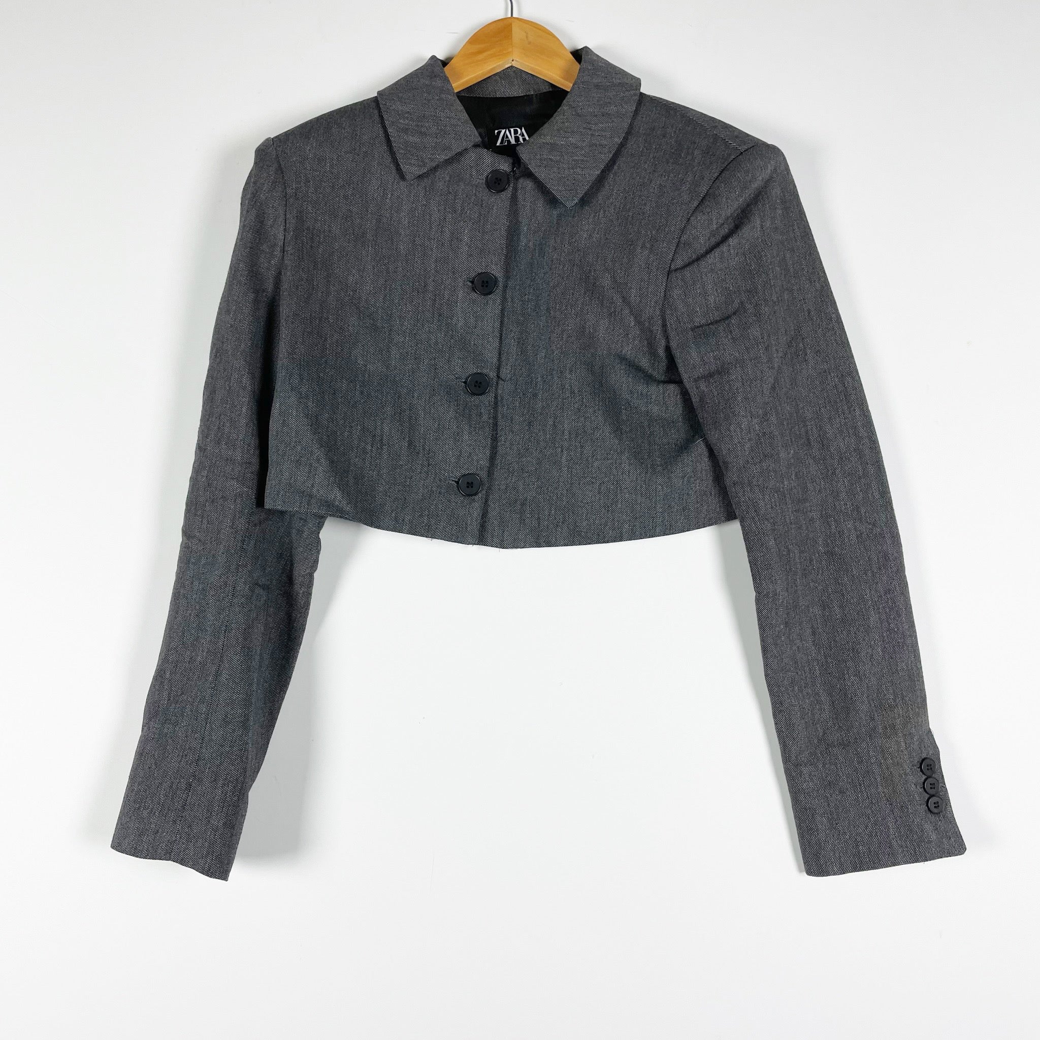 Zara Women's Cotton Blend Collared Button Front Cropped Blazer Jacket Gray Small