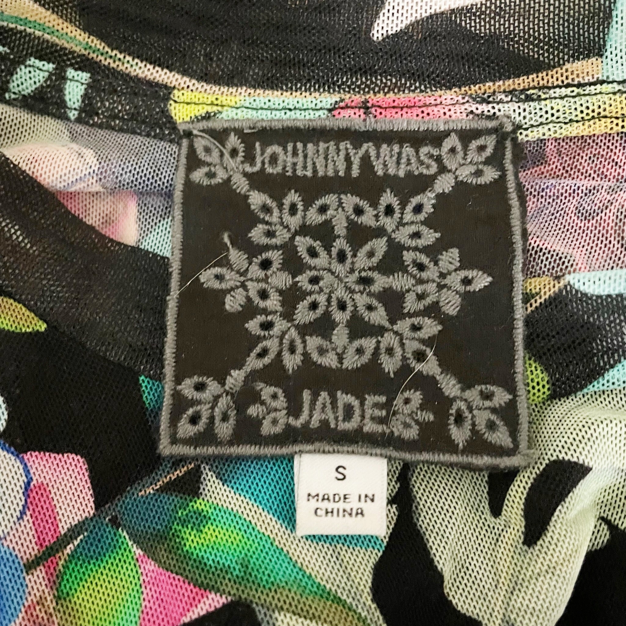 Johnny Was Black Noir Dreamer Mesh Semi Sheer Crew Neck Floral Print Shirt Top