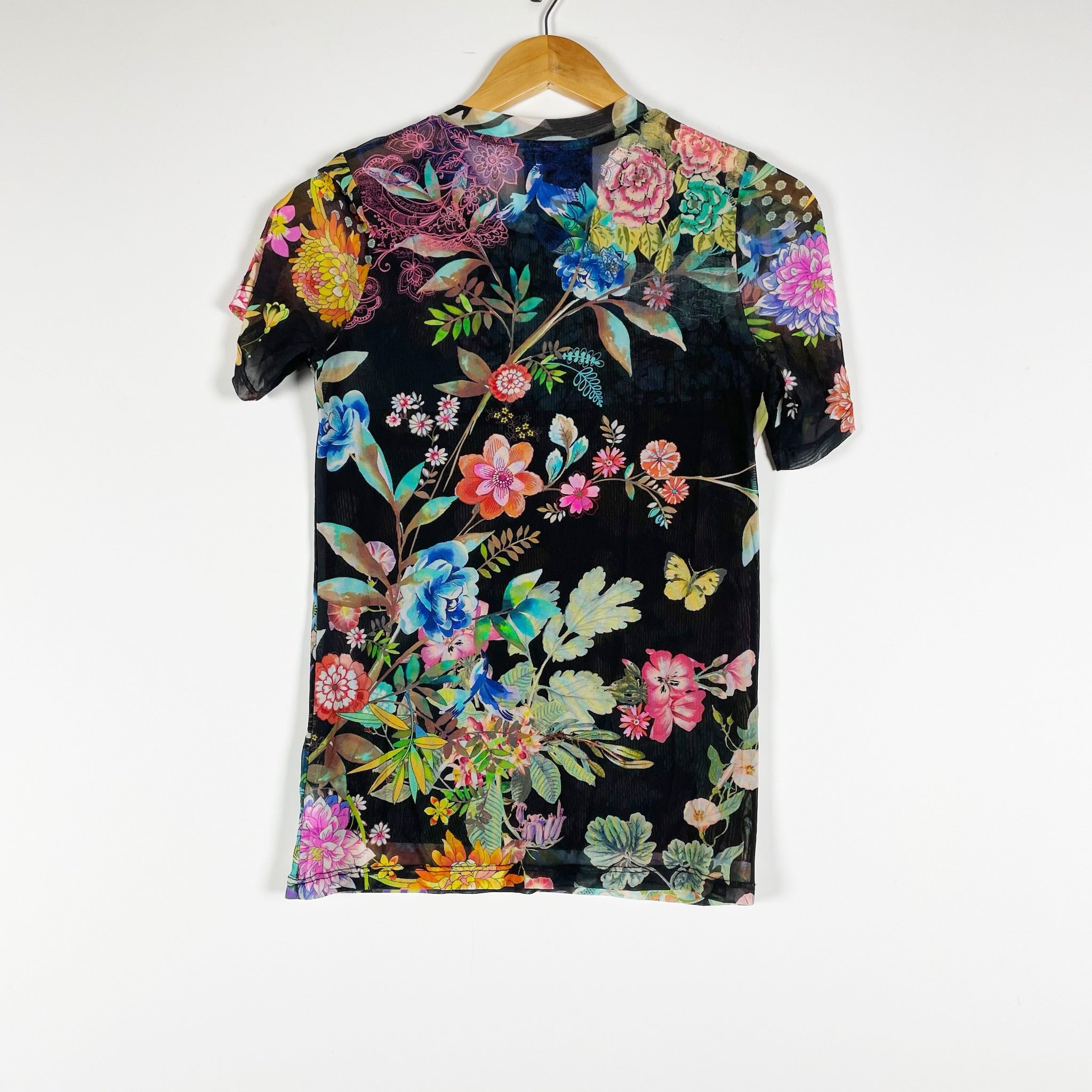 Johnny Was Black Noir Dreamer Mesh Semi Sheer Crew Neck Floral Print Shirt Top