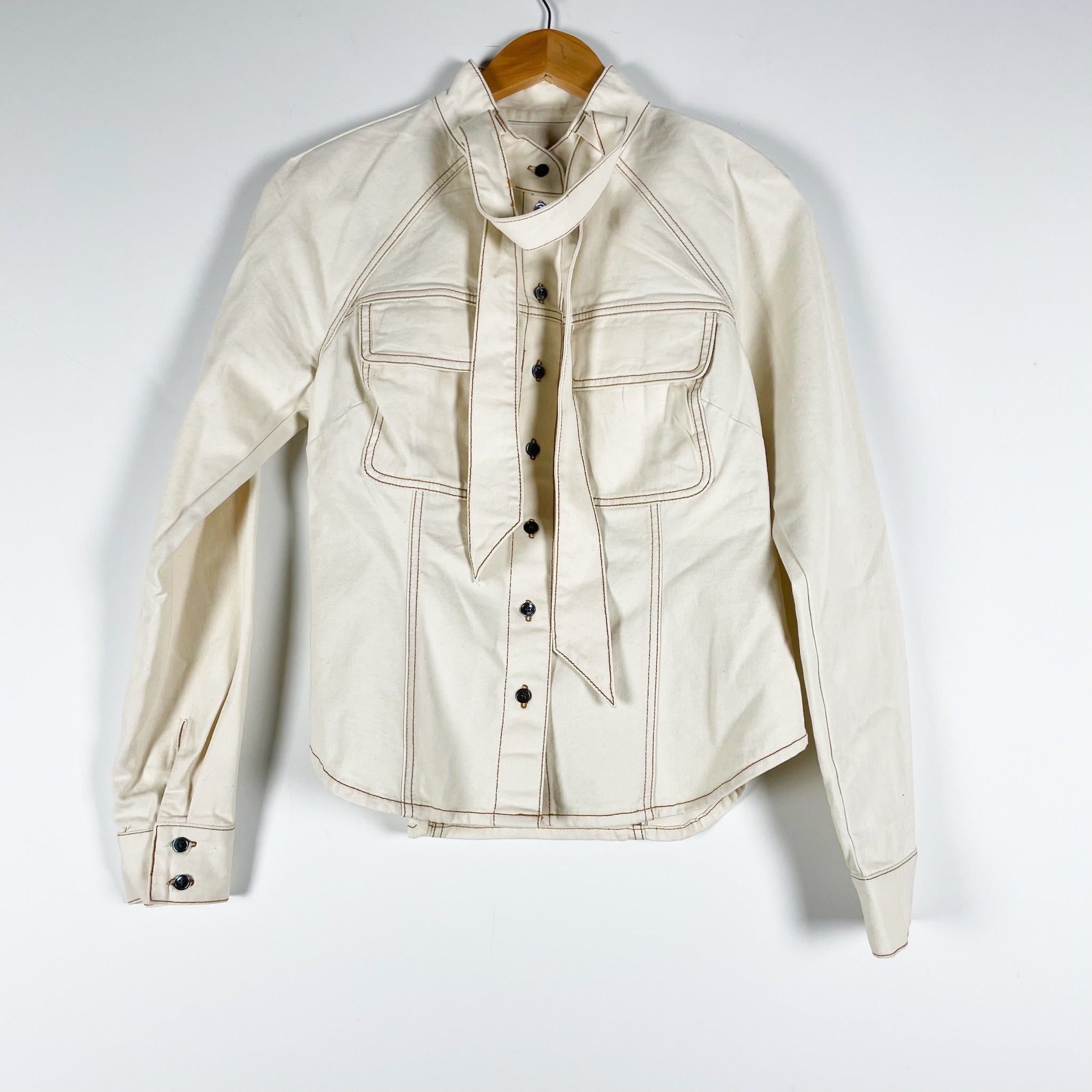 Veronica Beard Elodie Cotton Button Tie Neck Long Sleeve Blouse Shirt Ivory 4