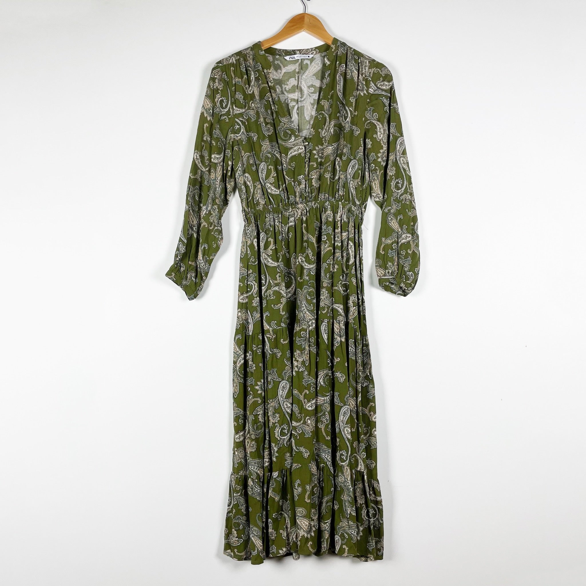 Zara Paisley Print Pattern Green Neutral Stretch Waist Long Sleeve Maxi Small