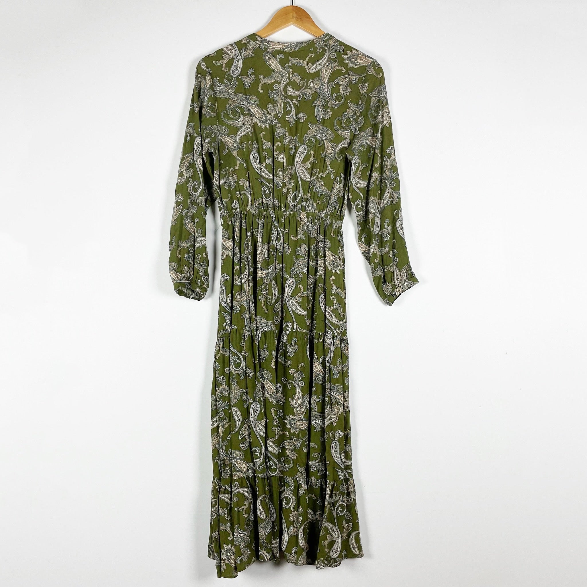 Zara Paisley Print Pattern Green Neutral Stretch Waist Long Sleeve Maxi Small