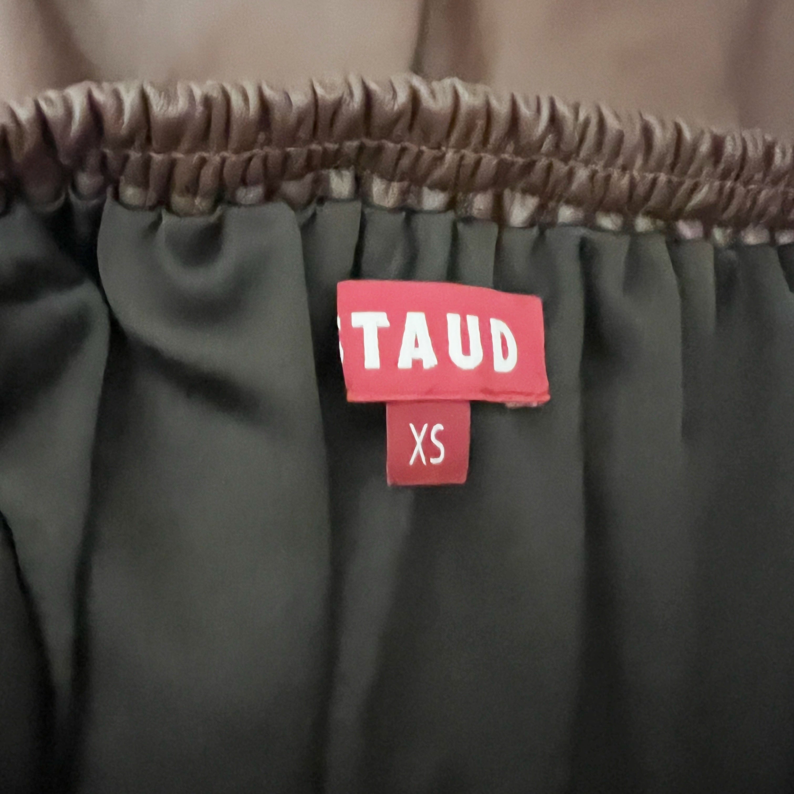 Staud Mae Faux Vegan Leather Smocked Stretch Bodice Off Shoulder Midi Dress XS