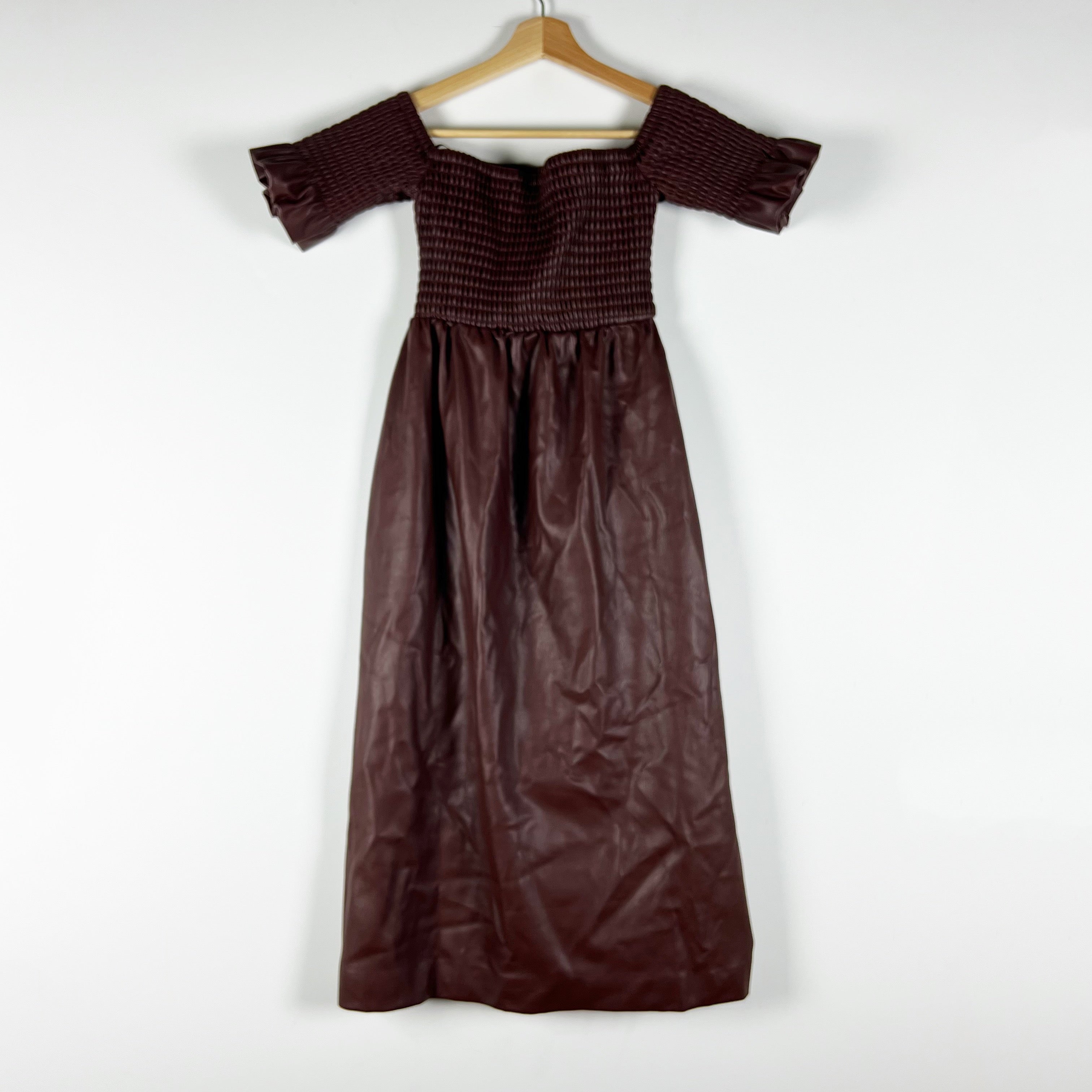 Staud Mae Faux Vegan Leather Smocked Stretch Bodice Off Shoulder Midi Dress XS