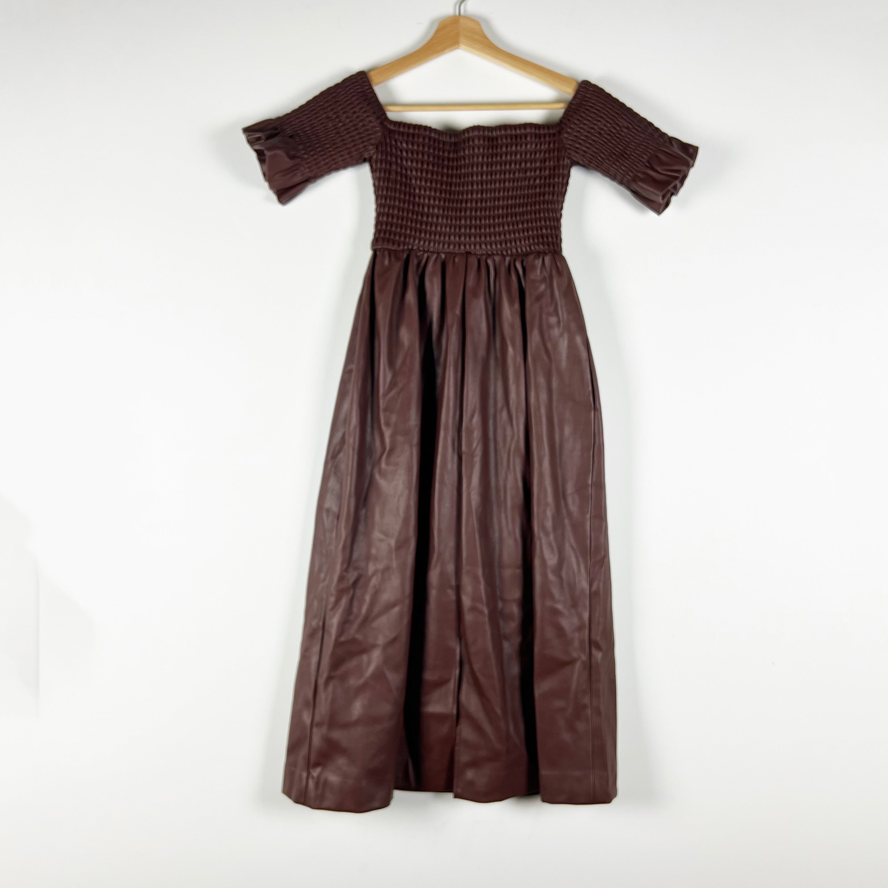 Staud Mae Faux Vegan Leather Smocked Stretch Bodice Off Shoulder Midi Dress XS