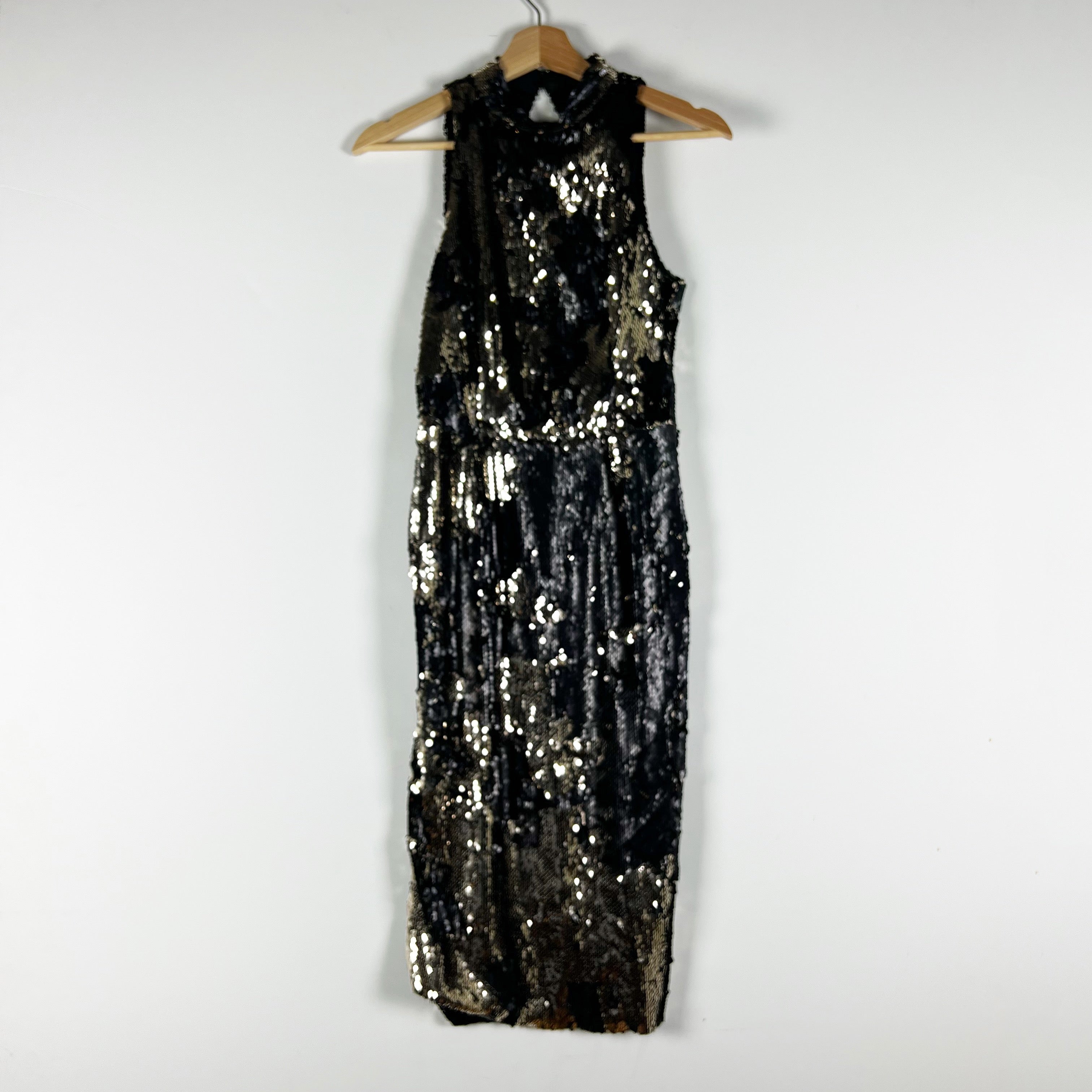 Zara Gold Black Sequin Glitter Sparkle Embellished Backless Sheath Midi Dress XS