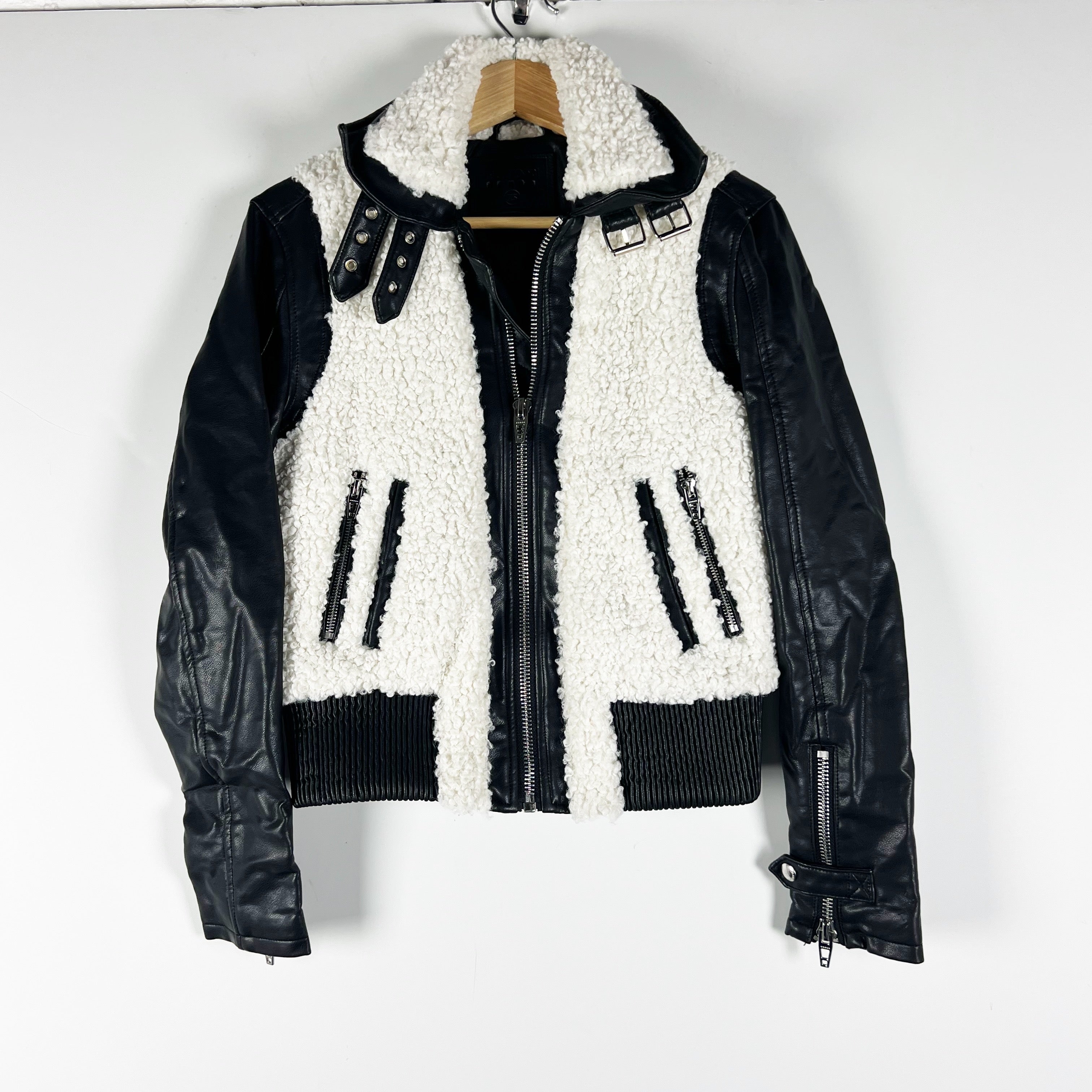 BlankNYC Sky High Aviator Faux Vegan Shearling Leather Bomber Jacket White Black