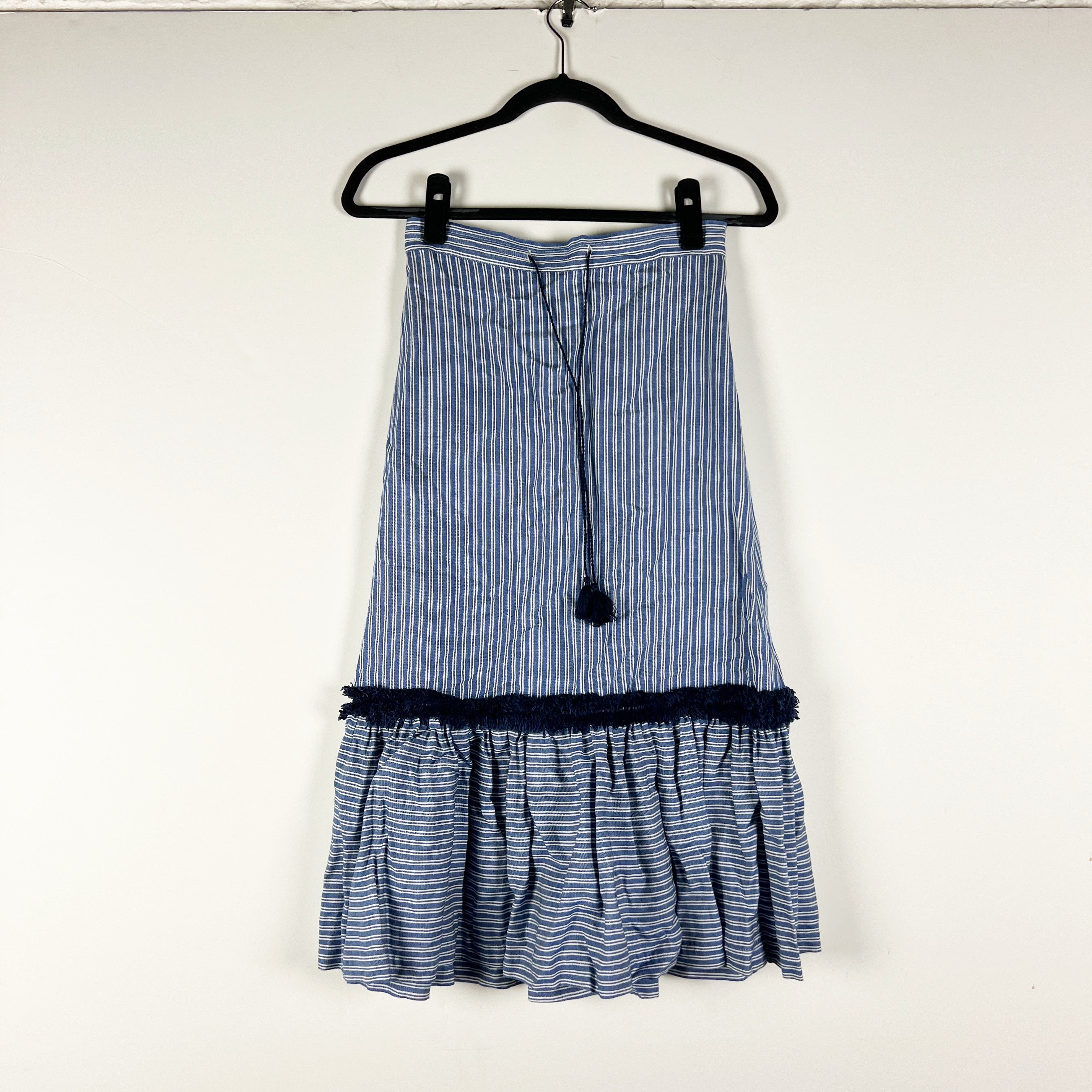Margaret O'Leary Cotton Linen Woven Stripe Pull On A Line Midi Skirt Blue White