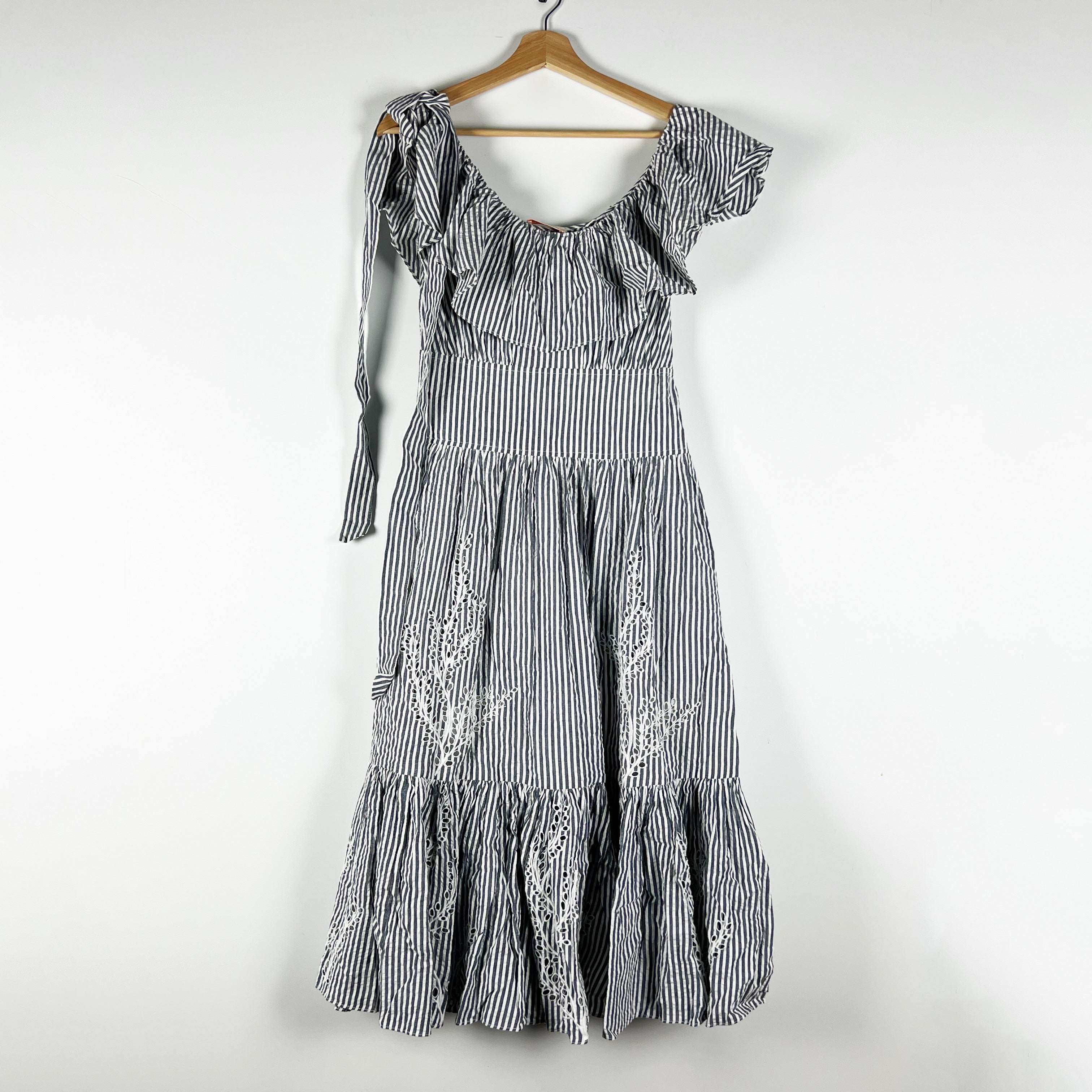 NEW Tory Burch Cotton Eyelet Embroidered Blue White Stripe Ruffle Midi Dress 2