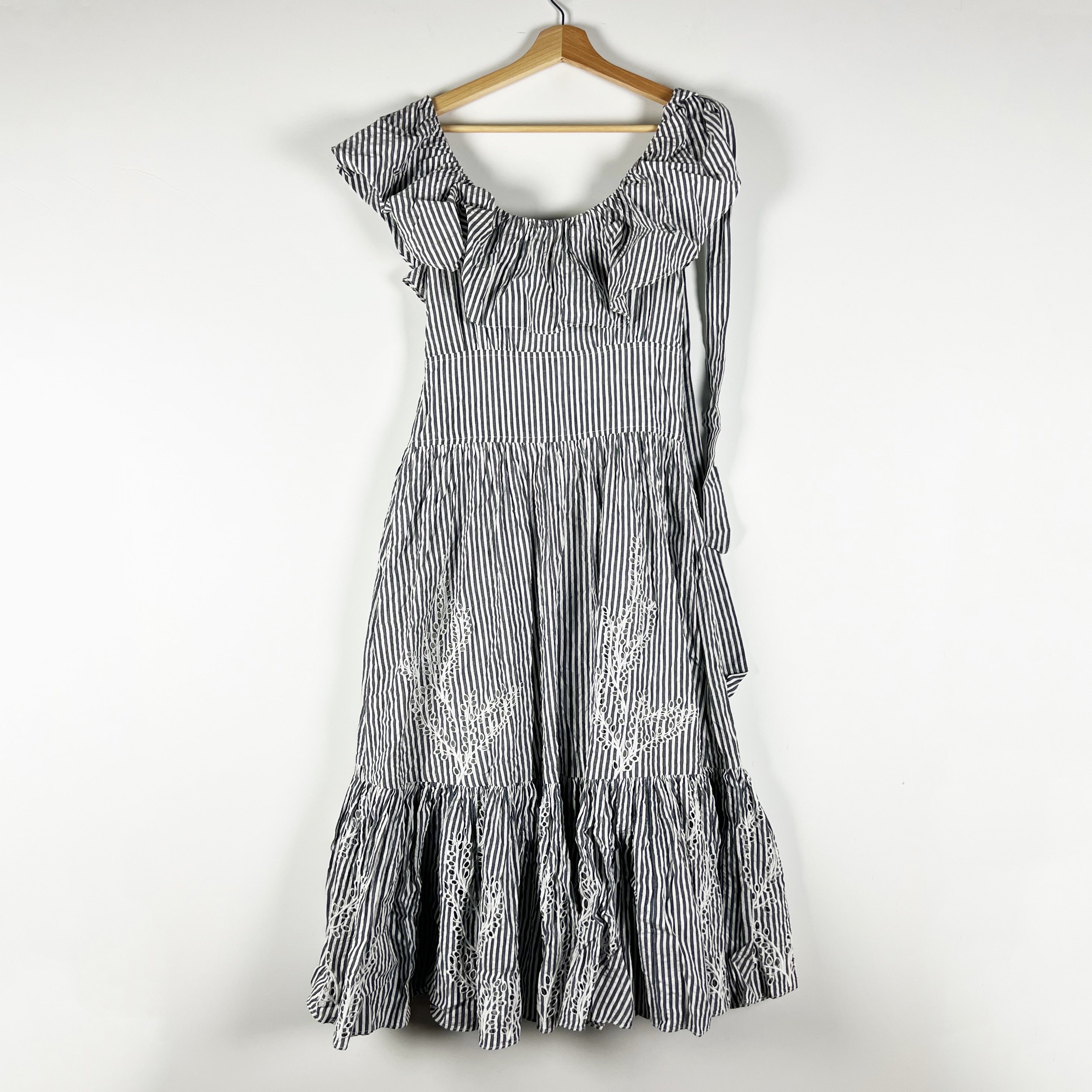 NEW Tory Burch Cotton Eyelet Embroidered Blue White Stripe Ruffle Midi Dress 2