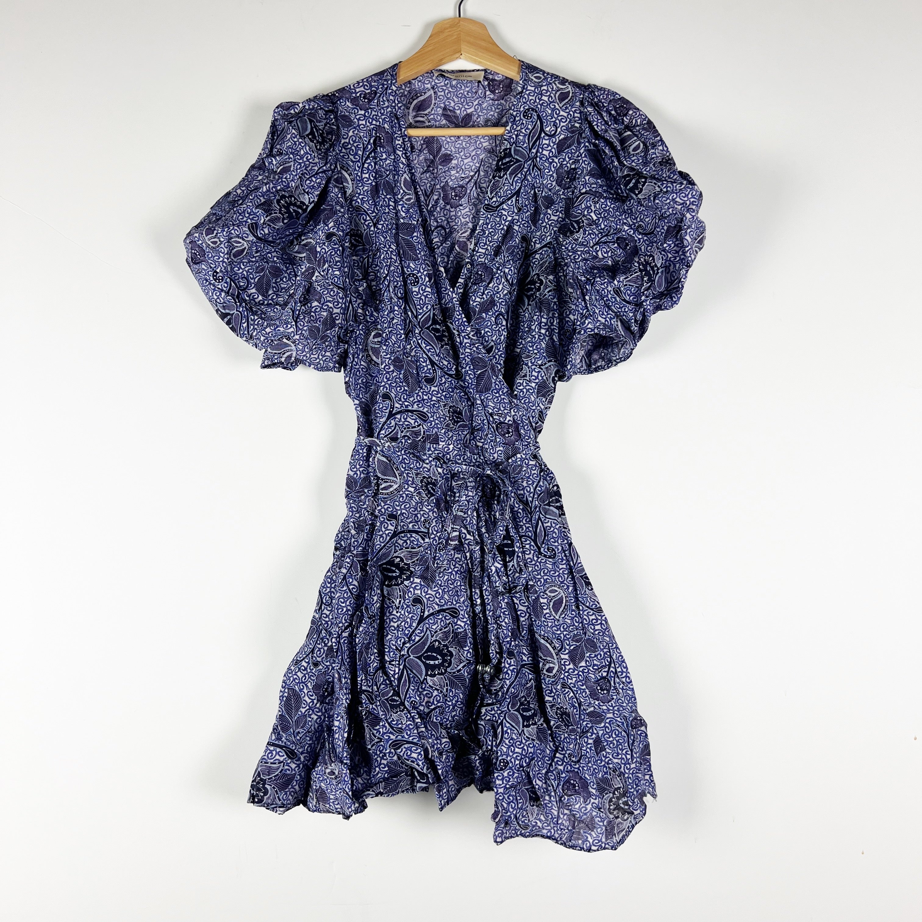 Berenice Paris Short Wrap Puff Half Sleeve V Neck Blue Print Mini Dress Small