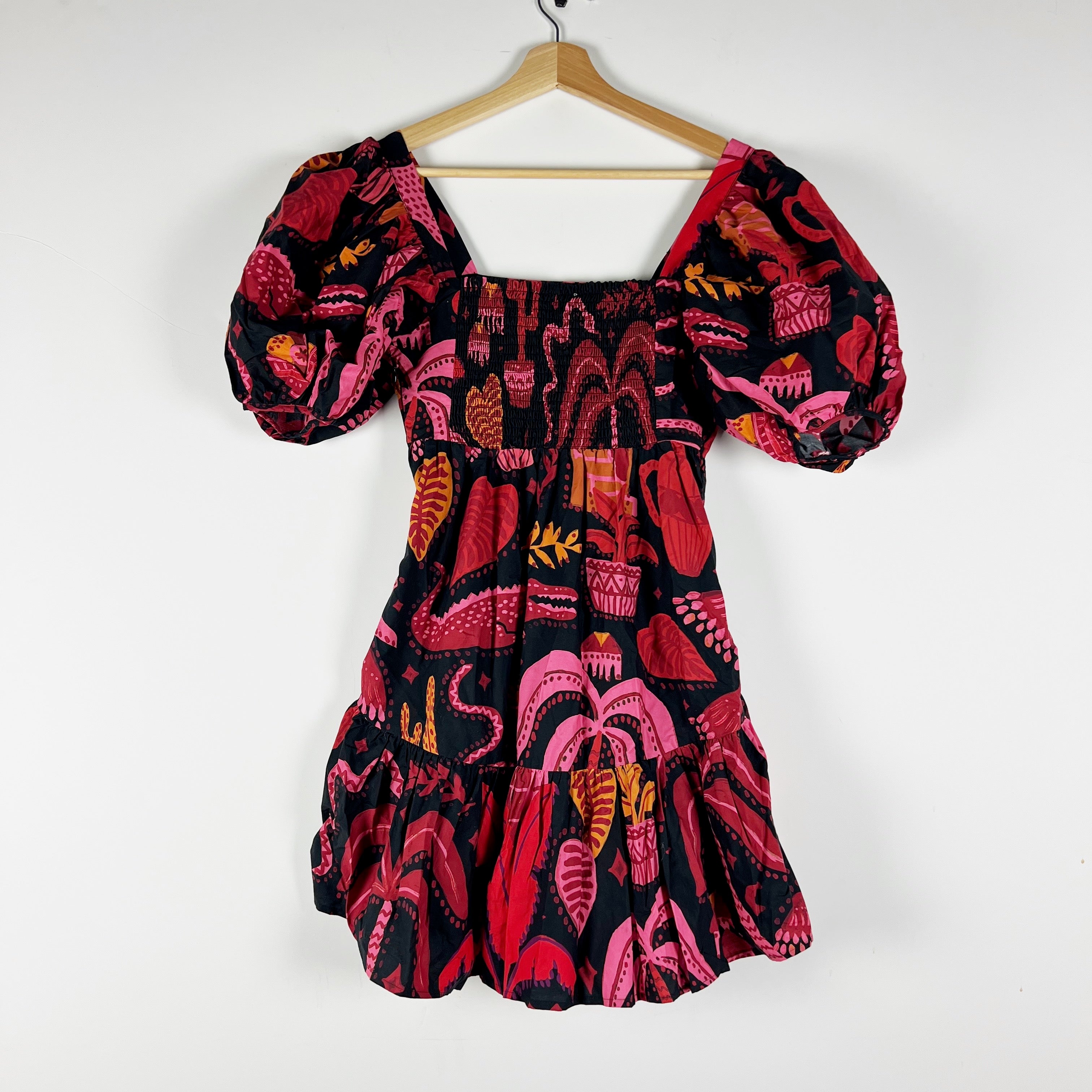 Farm Rio Cotton Poplin Black Tropical Magic Print Pattern Smocked Mini Dress XS