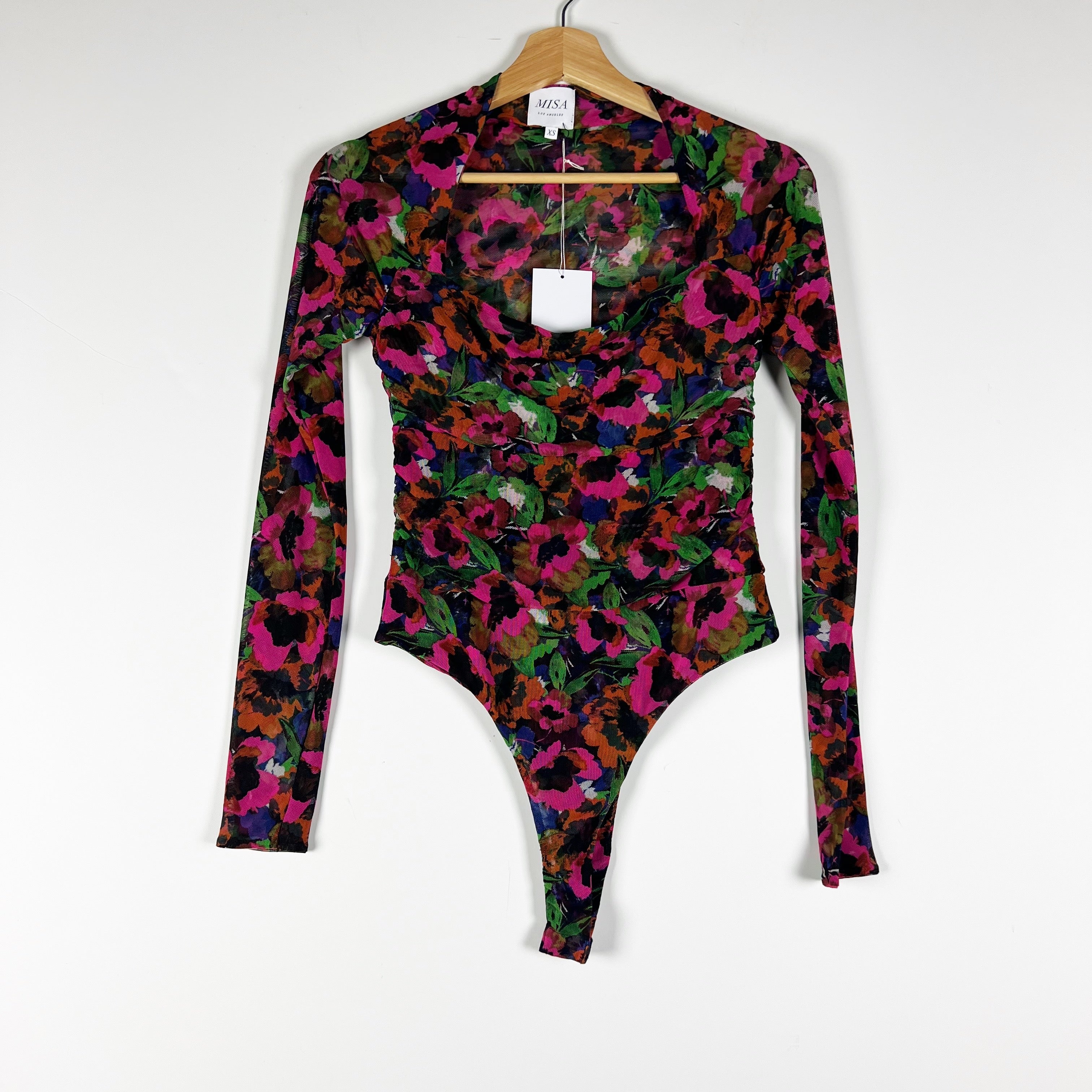 NEW Misa MISA Hayworth Thong Long Sleeve Mesh Tulle Bodysuit Jeweltone Flora XS