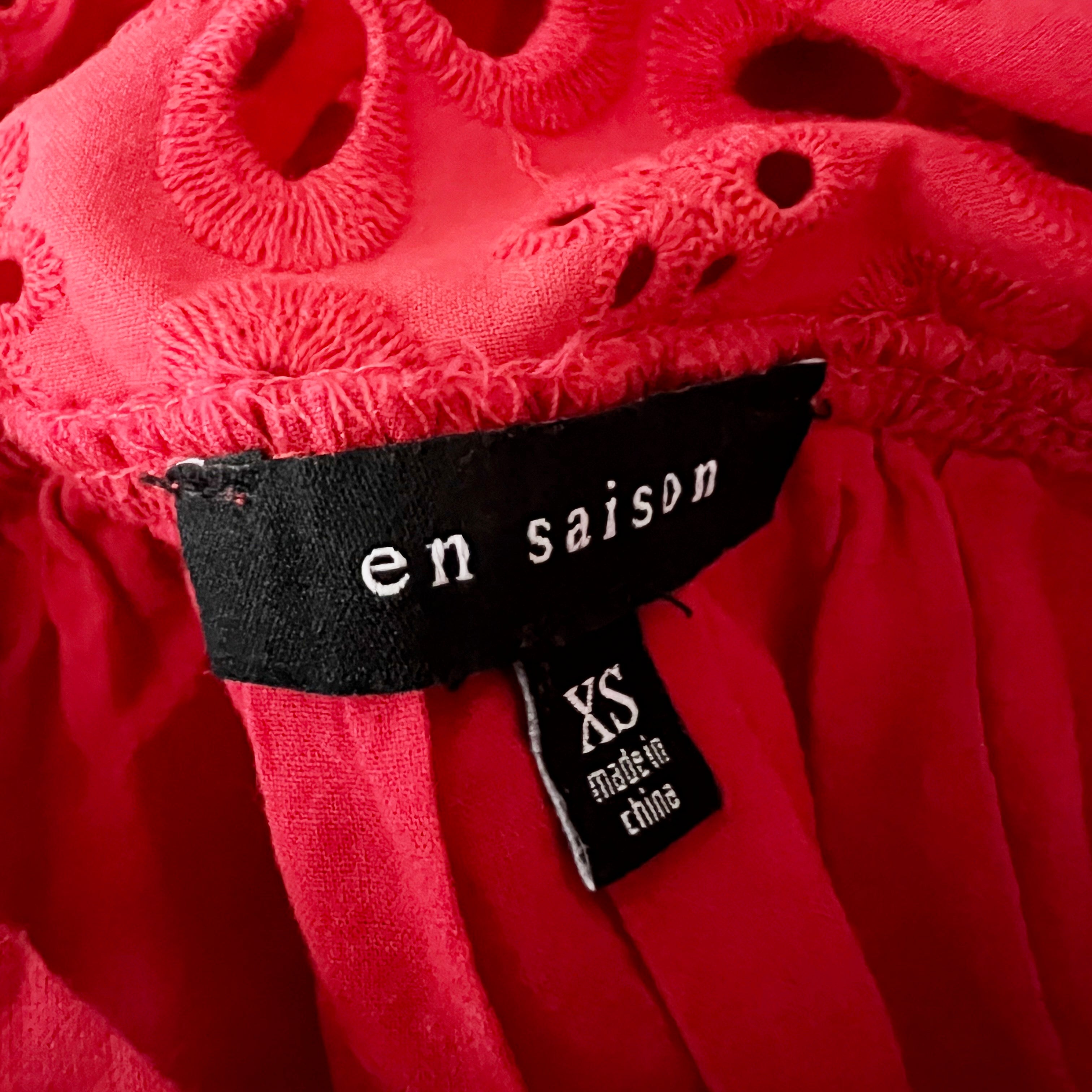 En Saison Cotton Eyelet Ruffle Long Sleeve Blouse Shirt Top Red XS