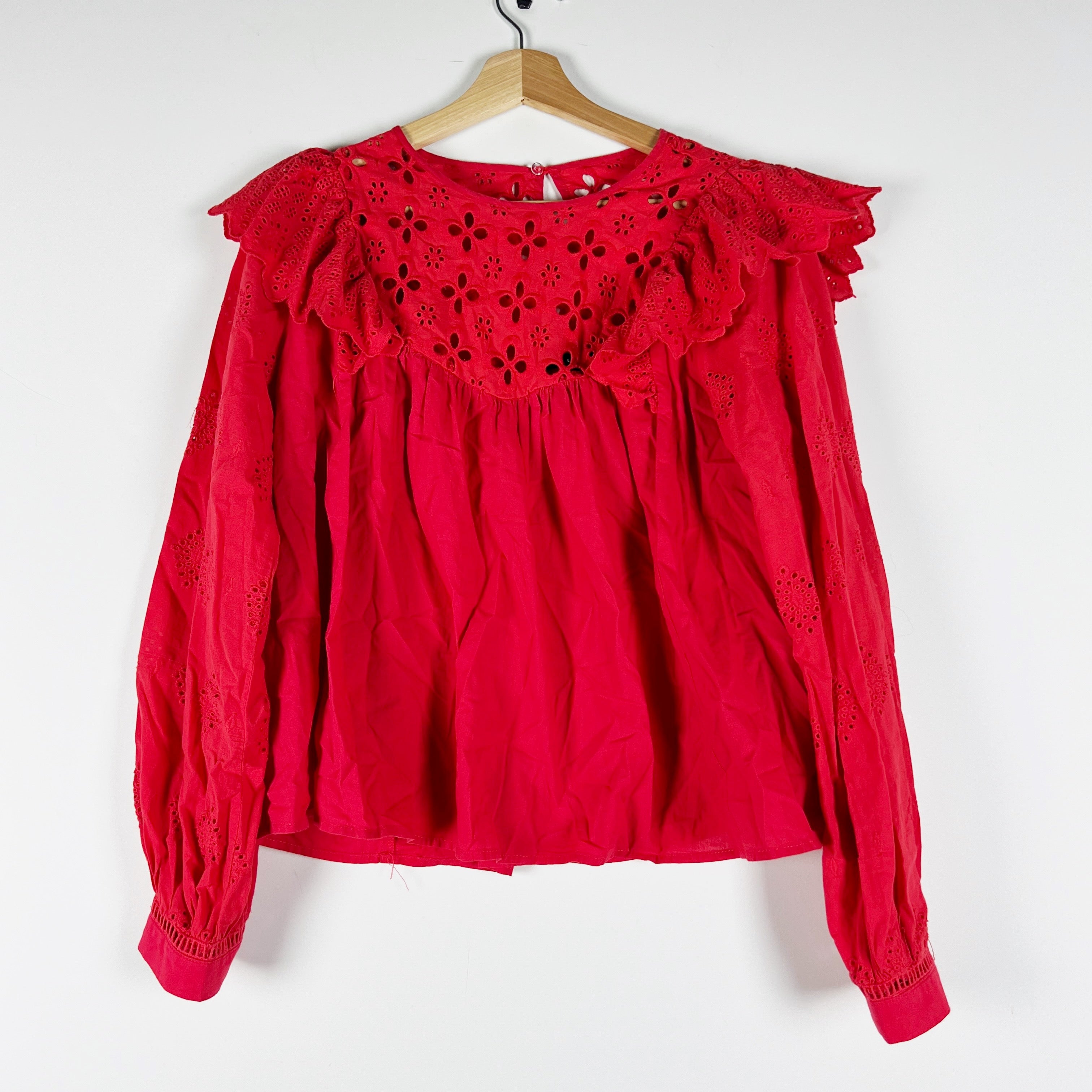 En Saison Cotton Eyelet Ruffle Long Sleeve Blouse Shirt Top Red XS