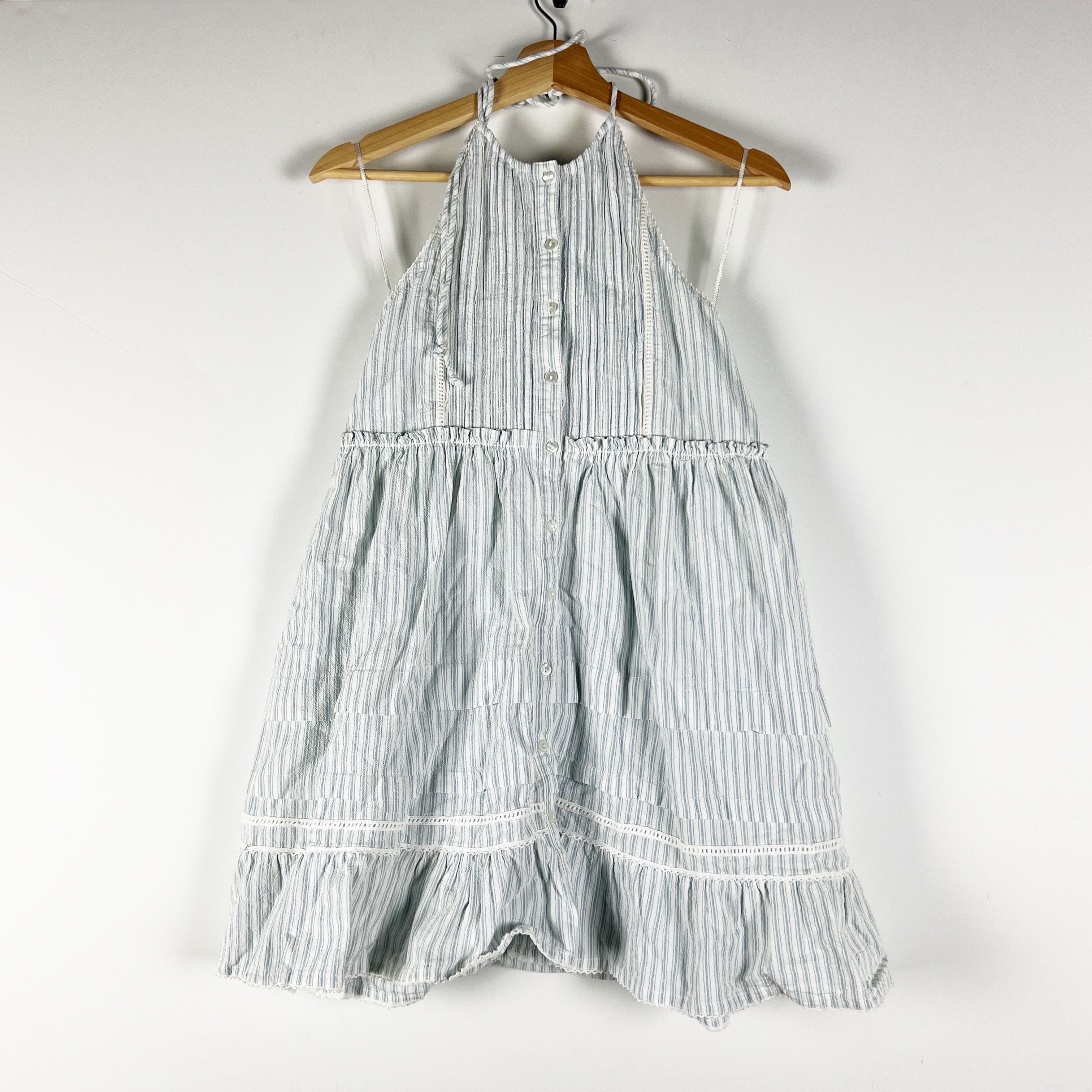 Free People Desert Days Halterneck Tiered Button Front Stripe Mini Dress Ivory