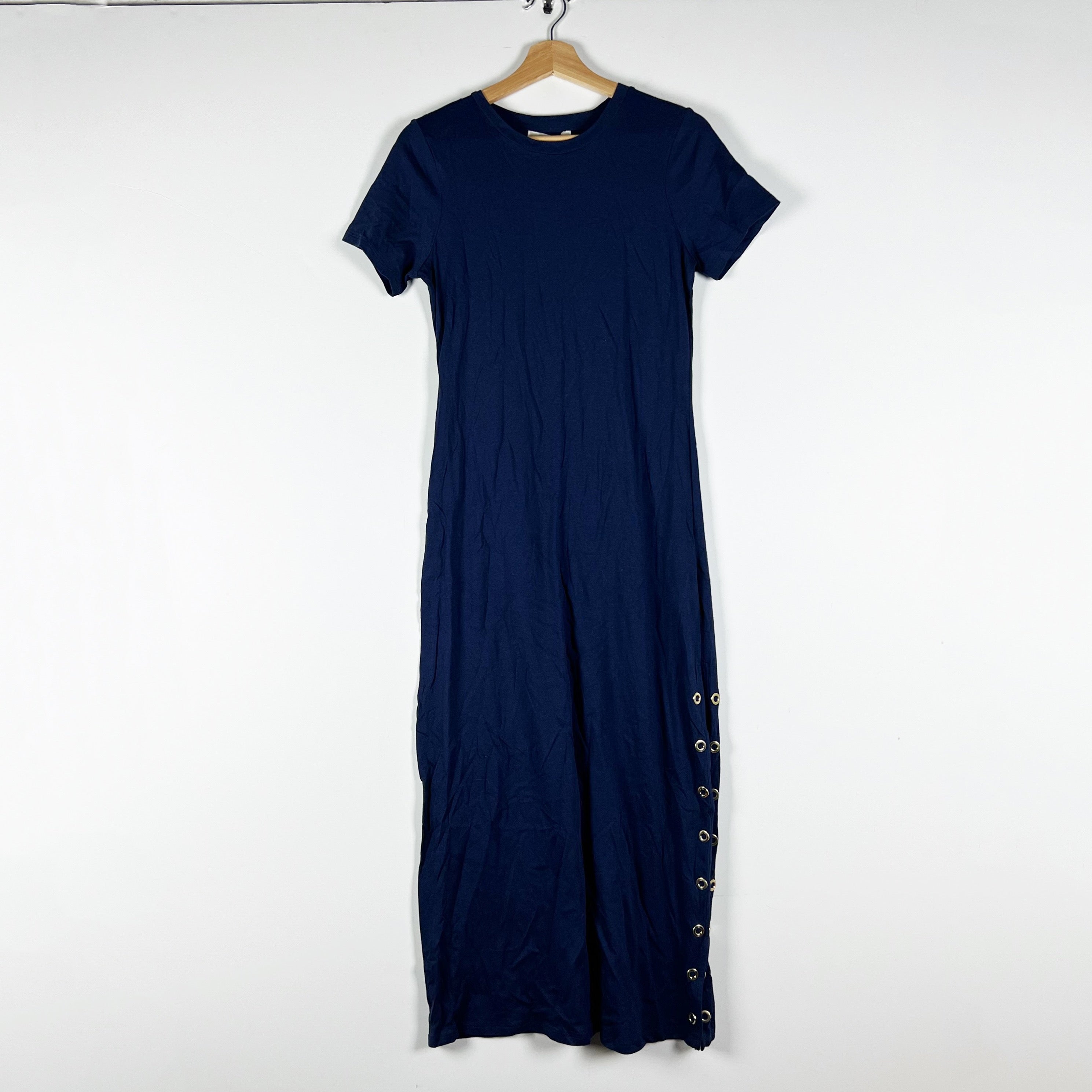 NEW Michael Kors Cotton Blend Stretch Button Detail Midi T-Shirt Dress True Navy