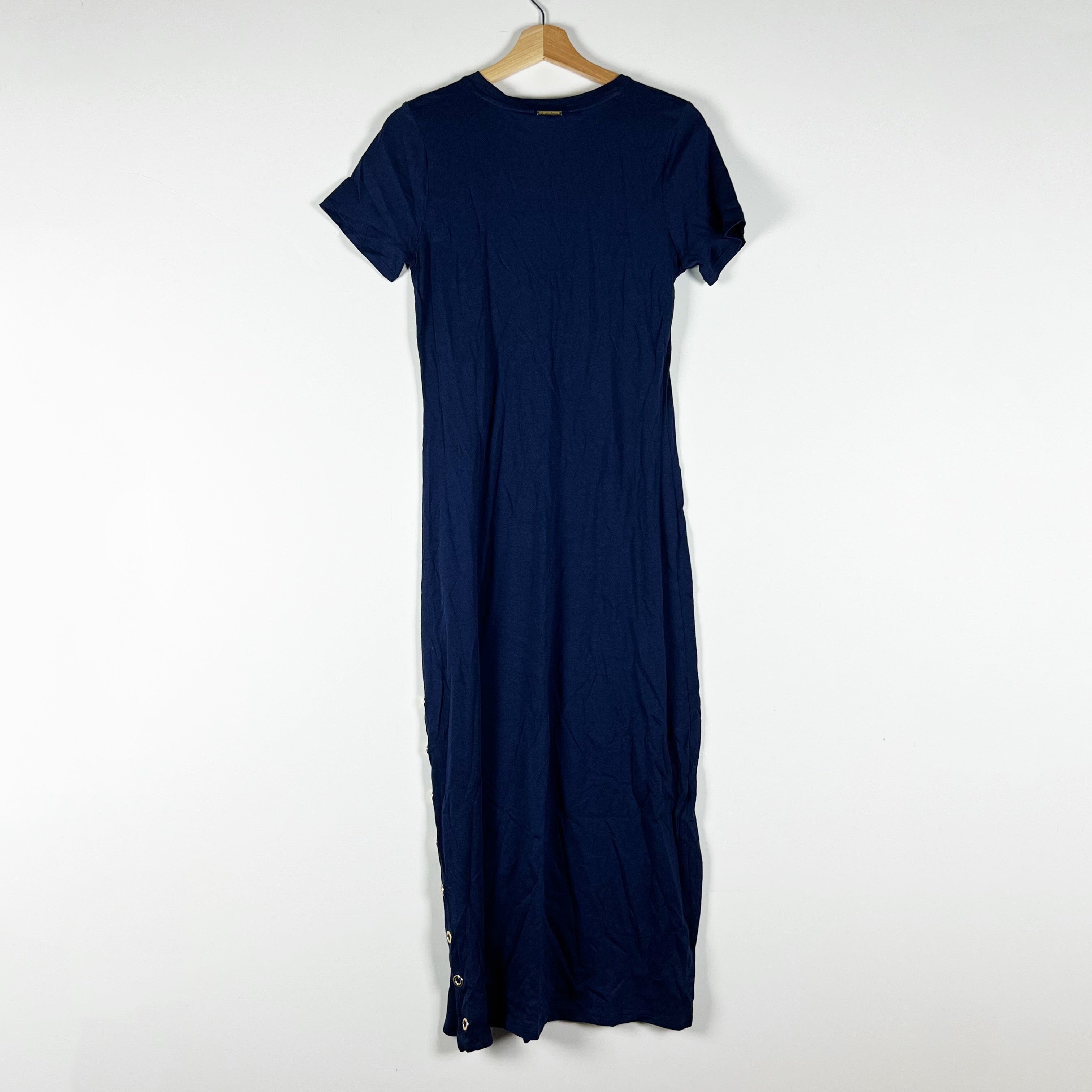 NEW Michael Kors Cotton Blend Stretch Button Detail Midi T-Shirt Dress True Navy