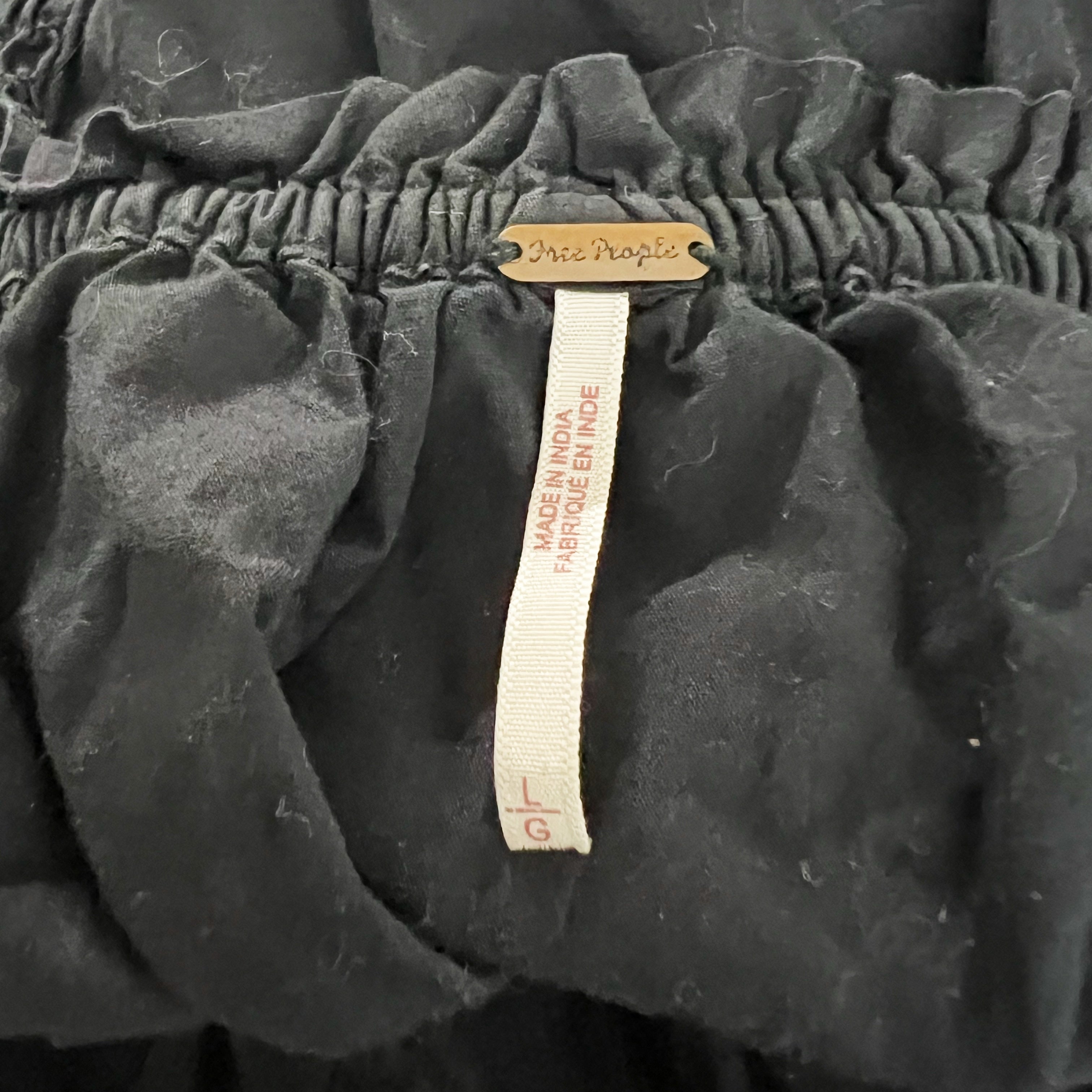 Free People Cotton Poplin Smocked Stretch Bodice Puff Sleeve Crop Top Black LG