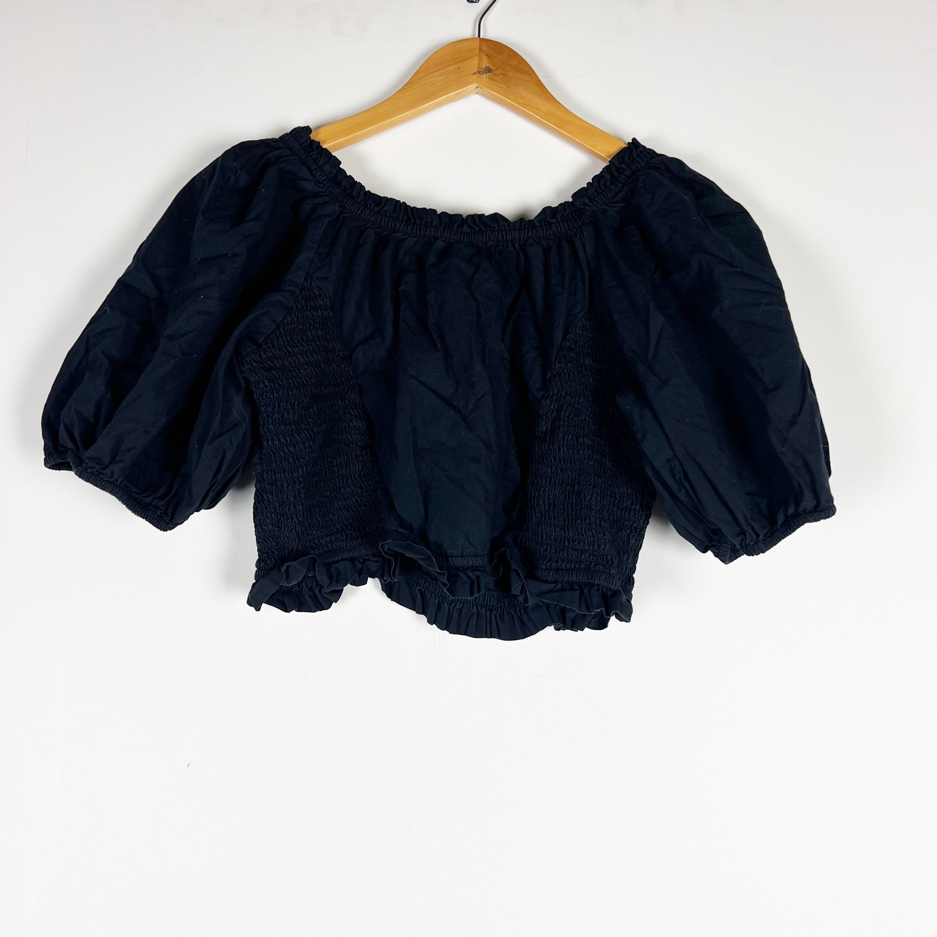 Free People Cotton Poplin Smocked Stretch Bodice Puff Sleeve Crop Top Black LG