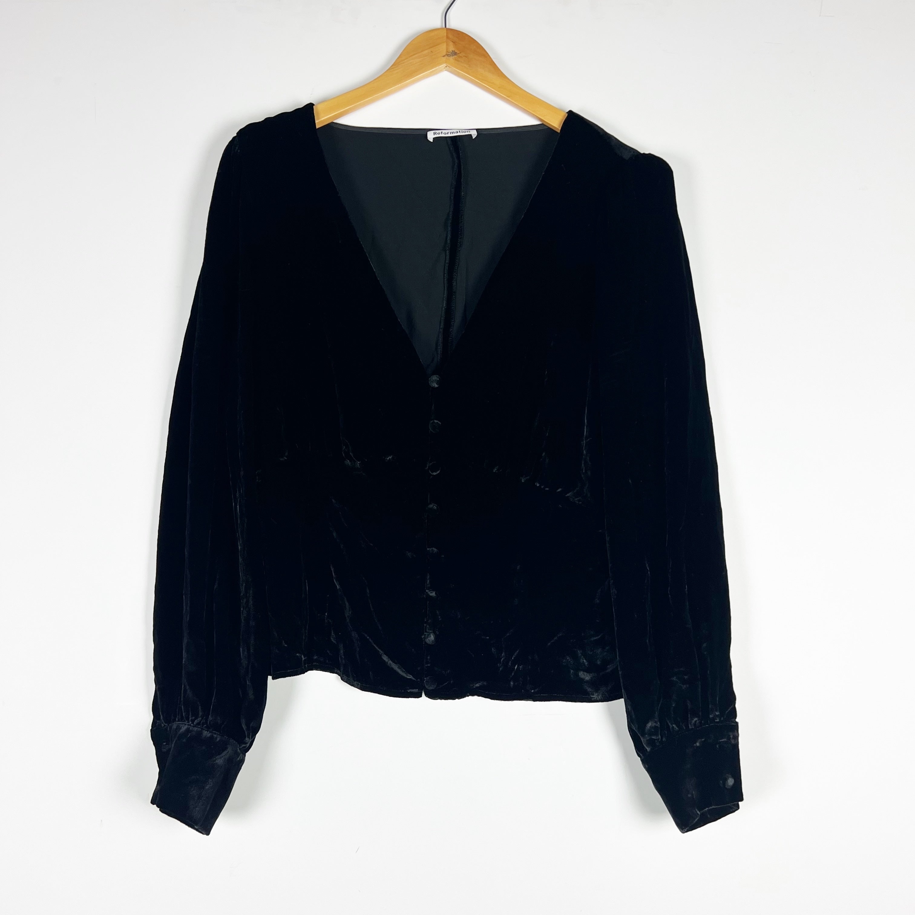 Reformation Seraphine Silk Blend Velvet Velour V Neck Button Down Blouse Black