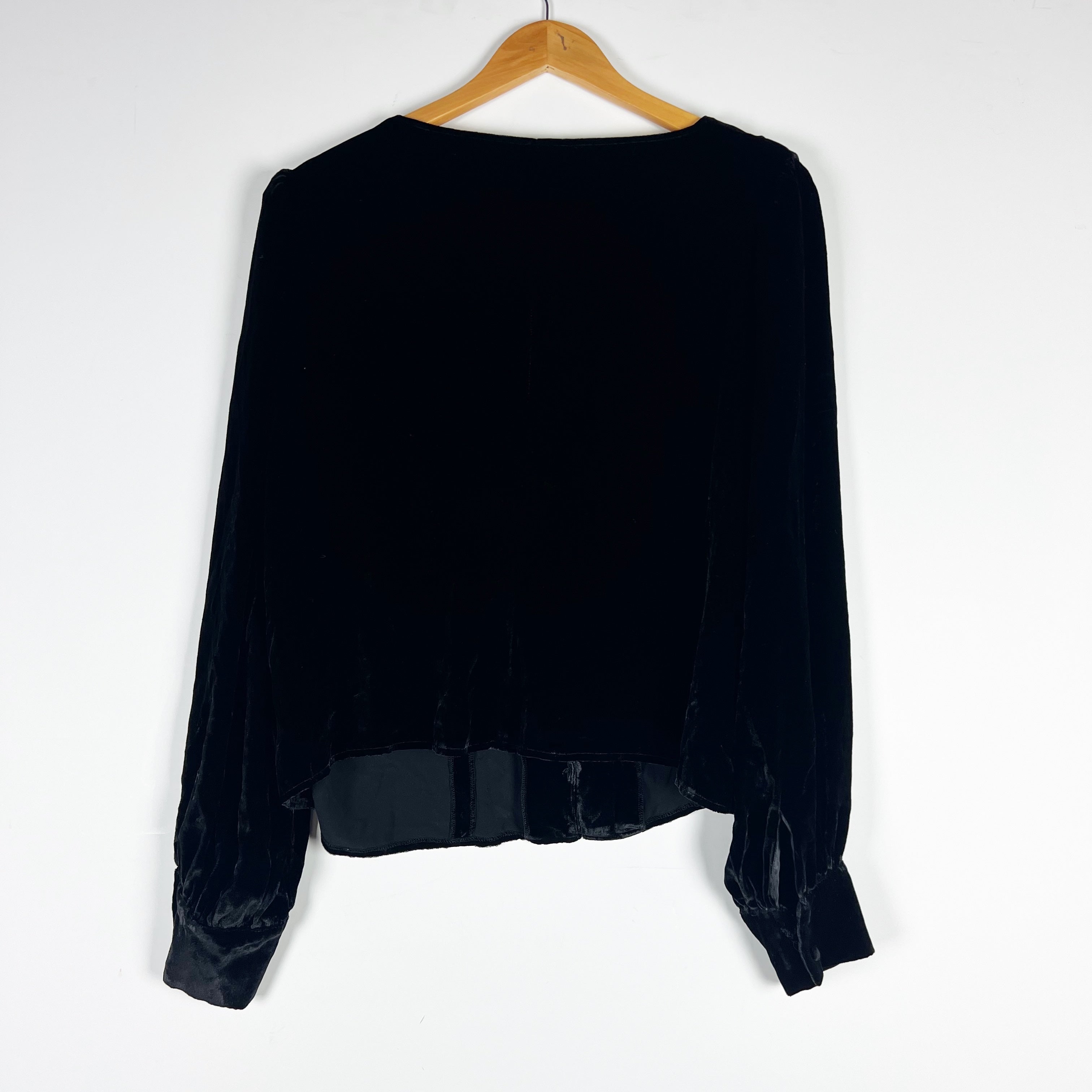 Reformation Seraphine Silk Blend Velvet Velour V Neck Button Down Blouse Black