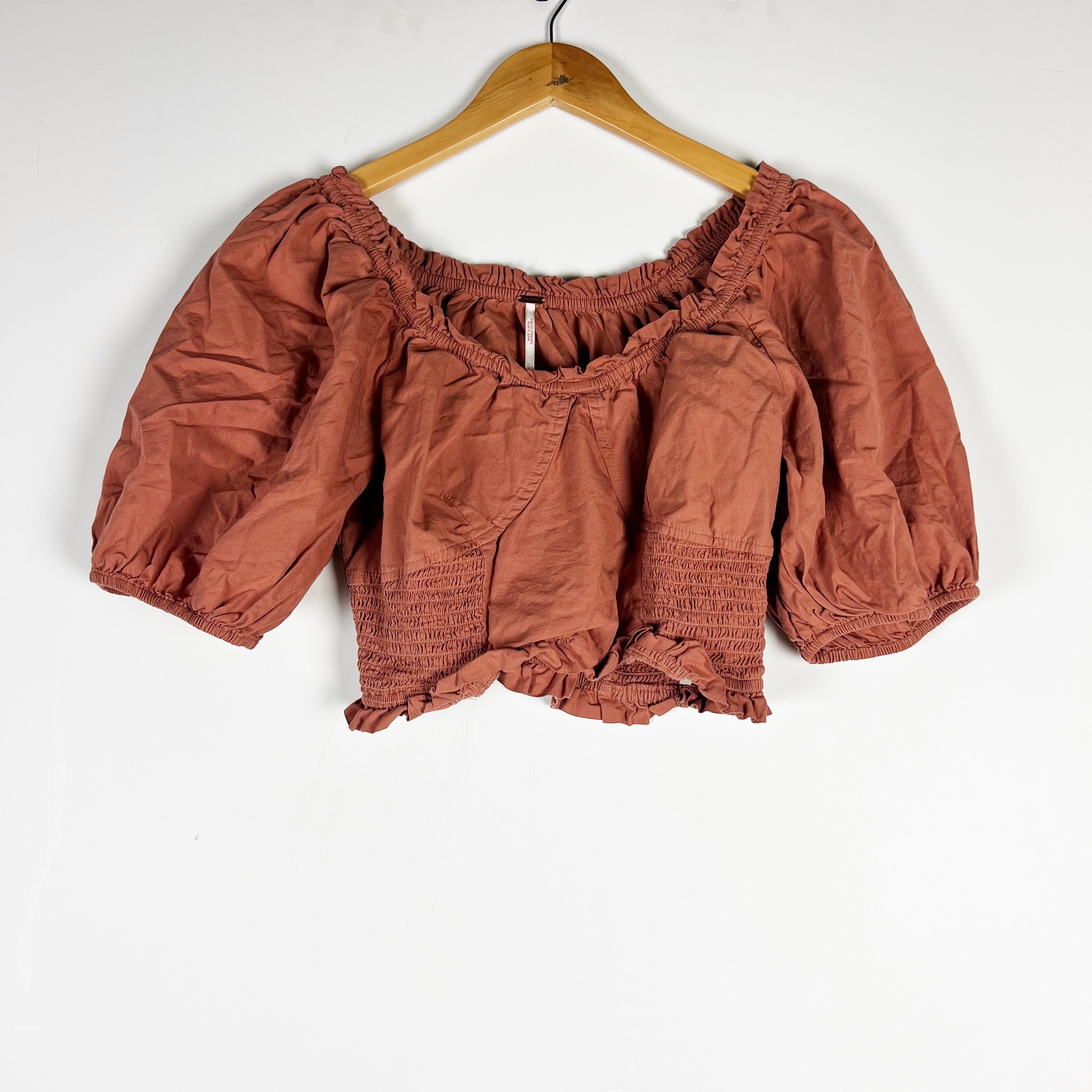Free People Cotton Poplin Smocked Stretch Bodice Puff Sleeve Crop Top Orange LG