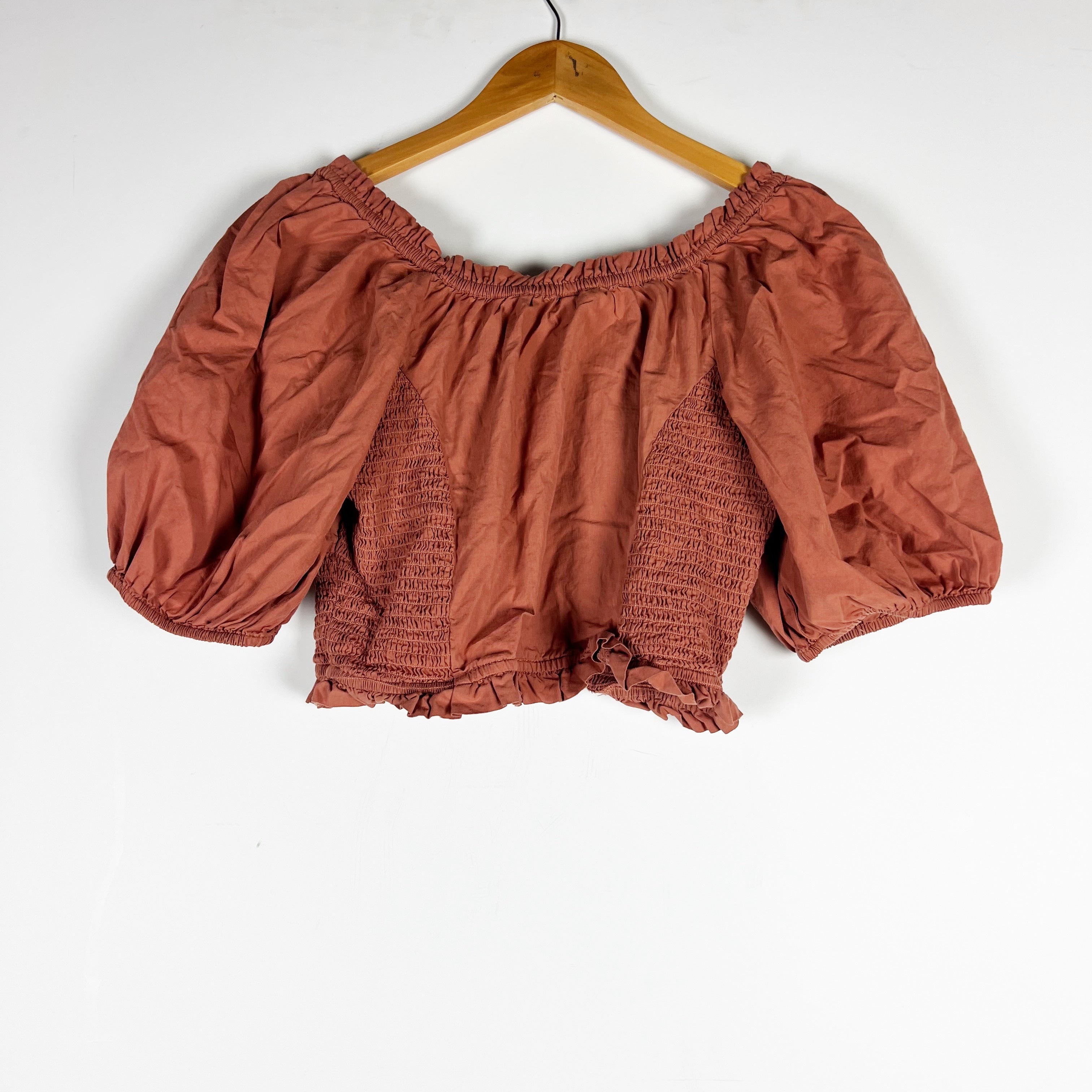 Free People Cotton Poplin Smocked Stretch Bodice Puff Sleeve Crop Top Orange LG