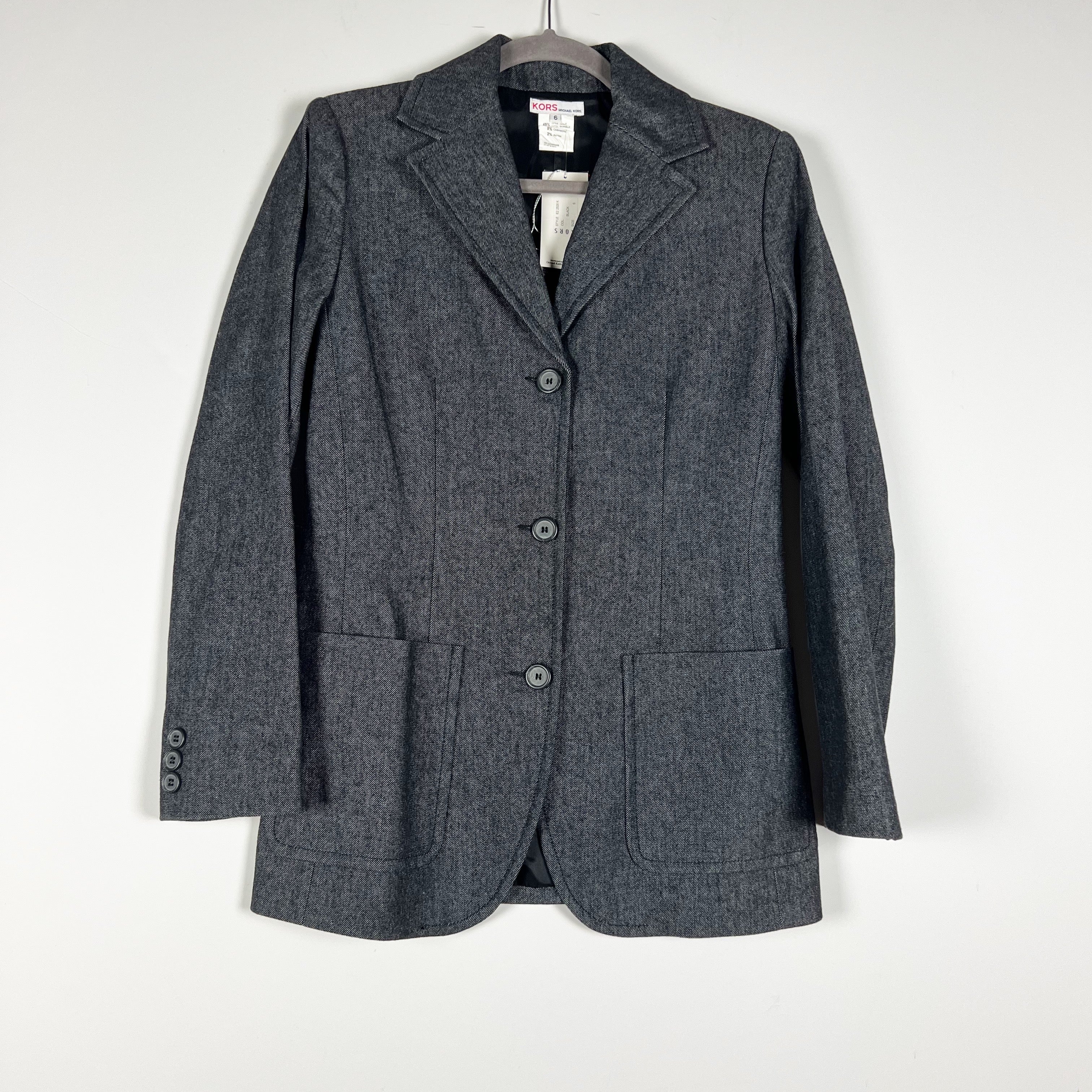NEW Michael Kors Cotton Cashmere Woven Three Button Blazer Jacket Gray Black 6