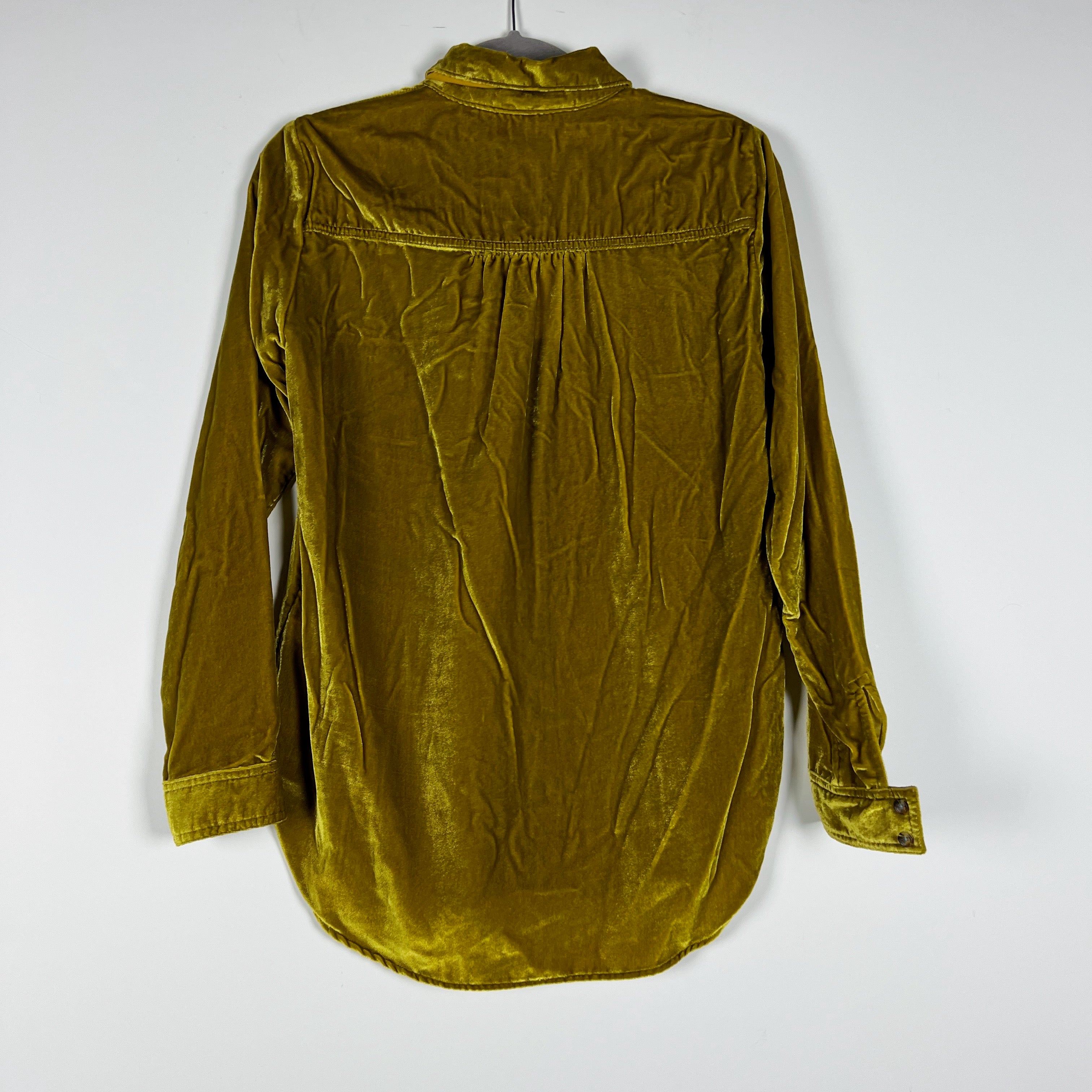 NEW Maeve Anthropologie Karina Velvet Velour Button Down Collared Shirt Gold 2