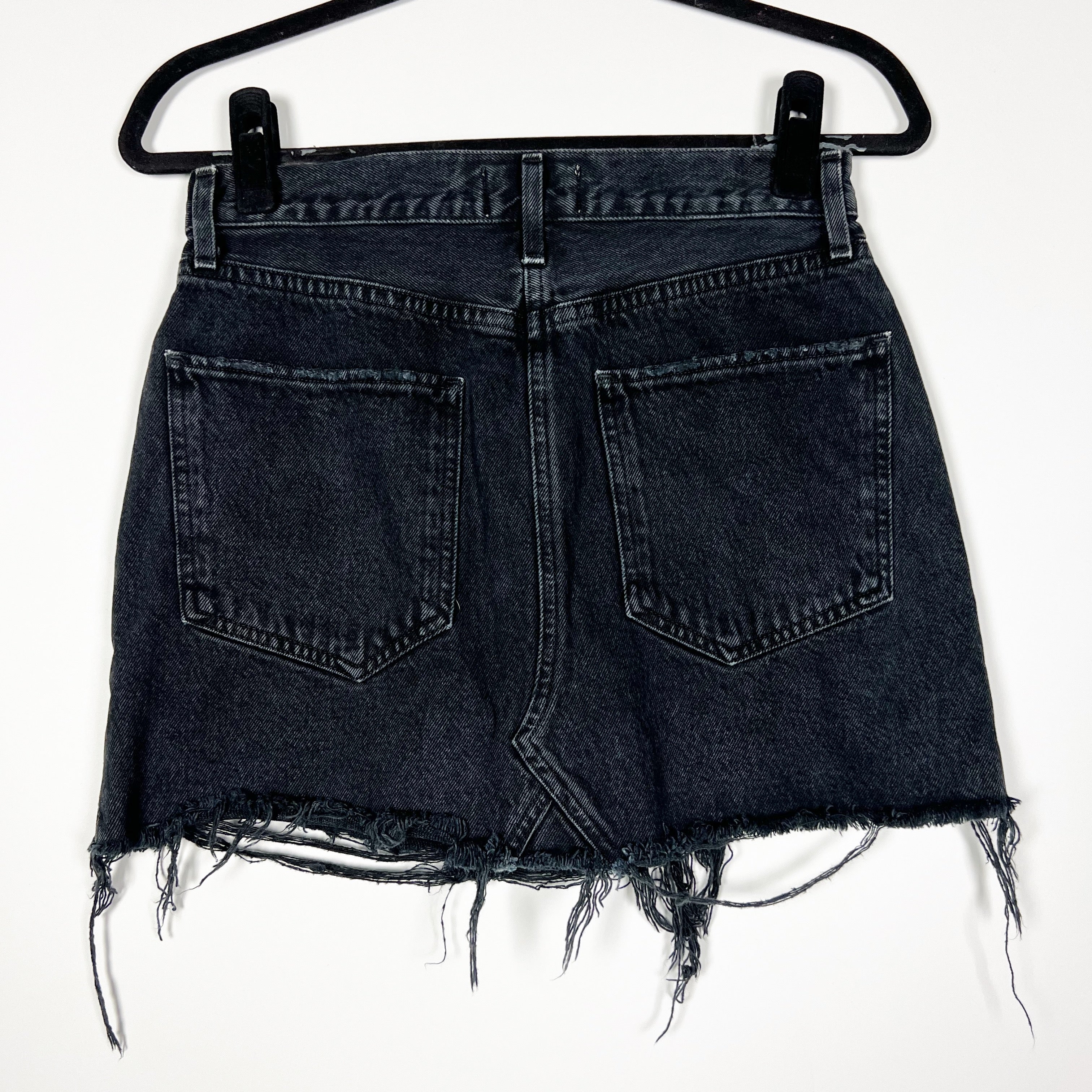 Agolde Denim Quinn Cotton Distressed Raw Edge Hem Black Rock Mini Skirt 26