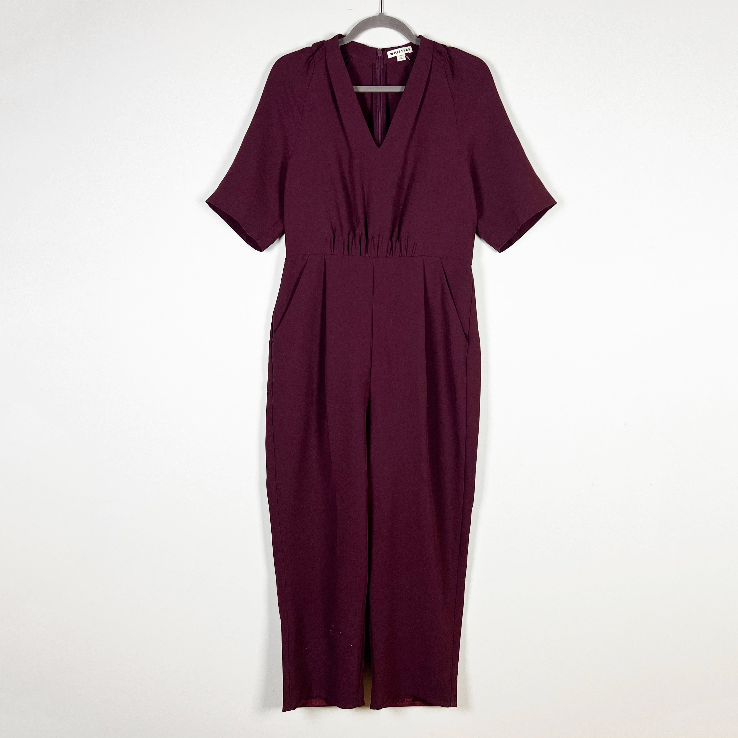 Whistles Devyn Burgundy Crepe V Neck Short Sleeve Cropped Jumpsuit Jumper 8