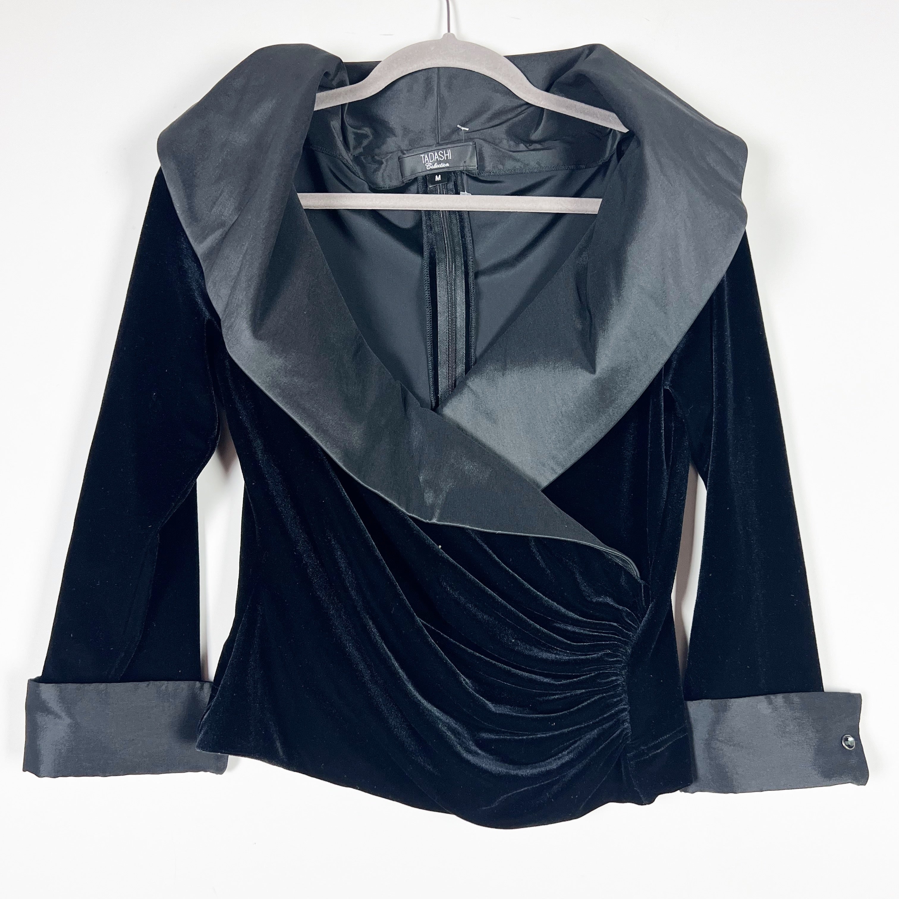Tadashi Collection Velvet Velour Shawl Collar Ruched Wrap Evening Jacket Black M