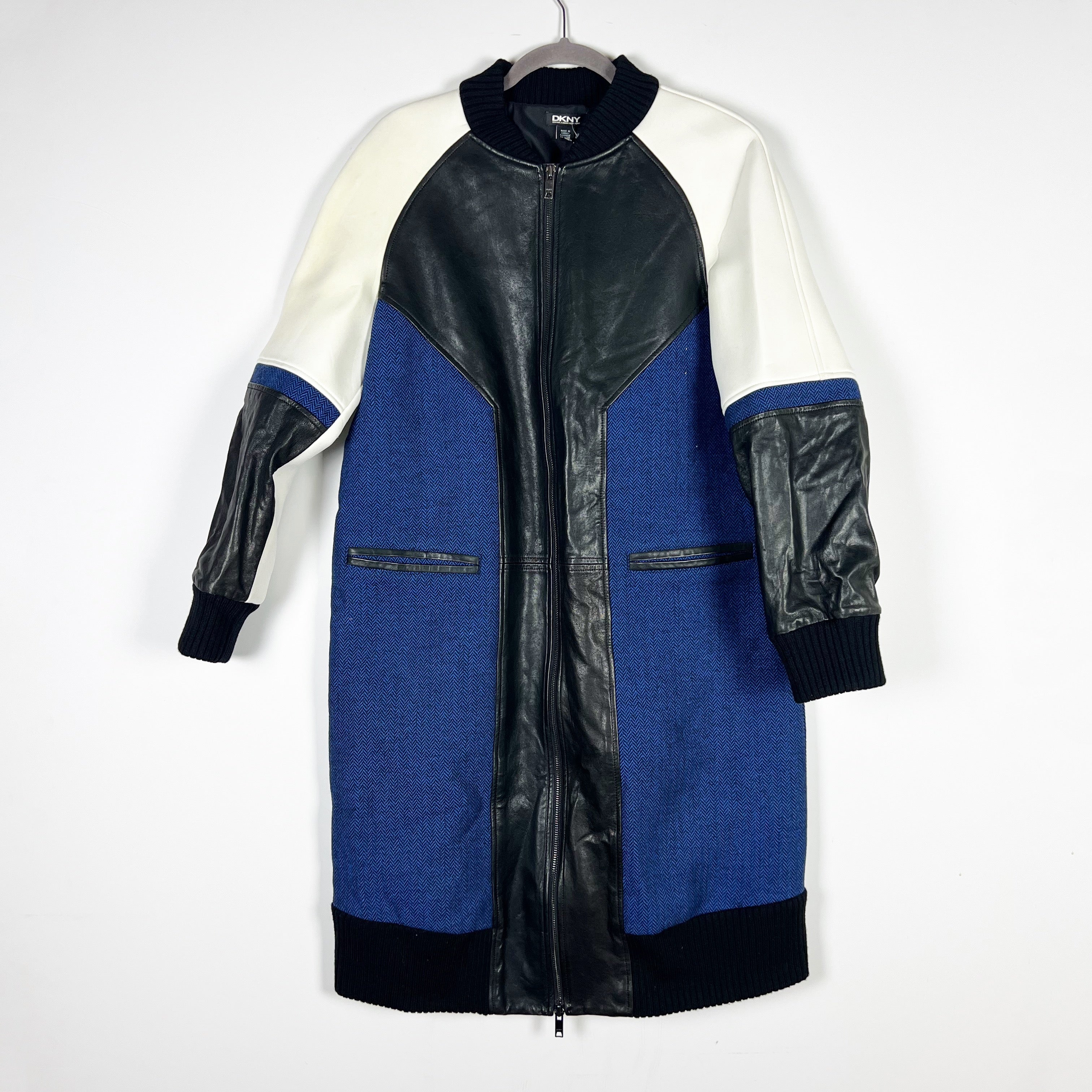 NEW DKNY Wool Leather Cotton Patchwork Full Zip Jacket Coat Blue Icon Small